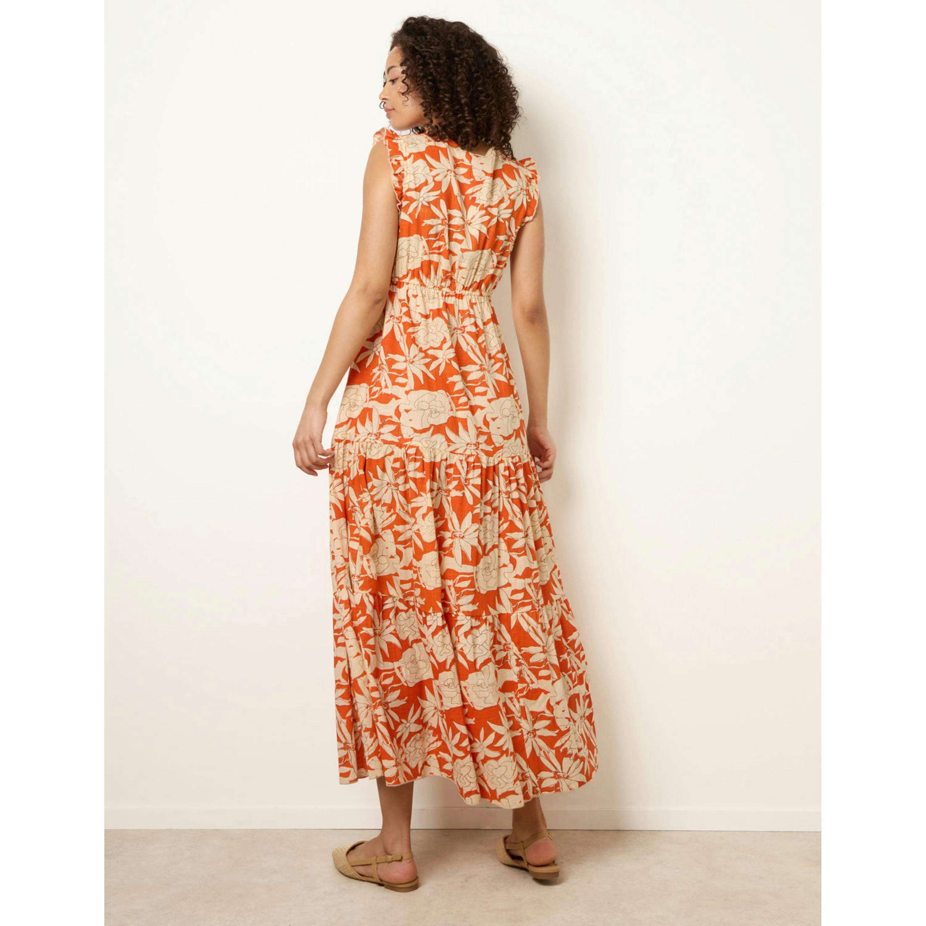 Blue Vanilla Button Frill Sleeve Dress  in Orange , view 4 of 4