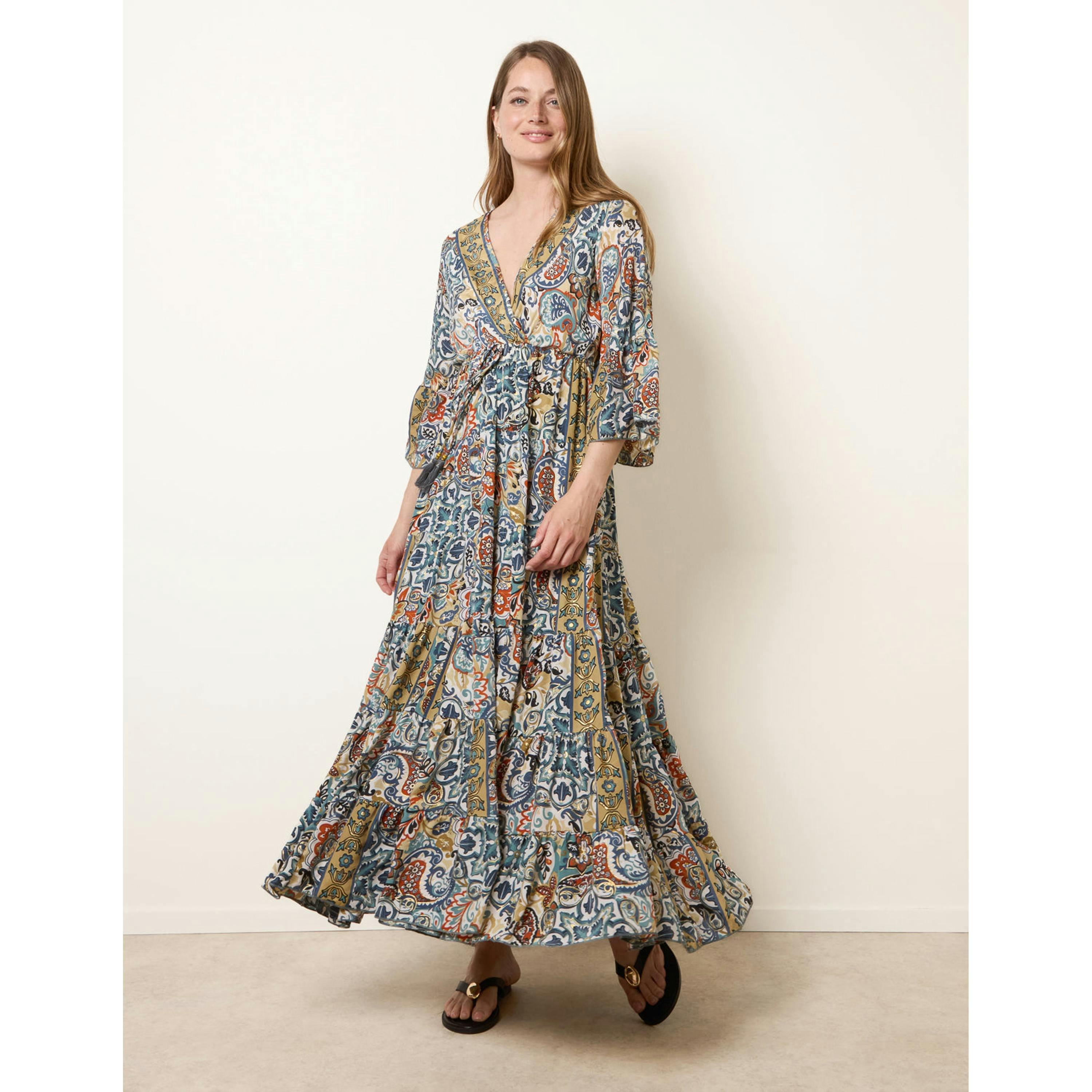 Blue Vanilla Wrap Over Tiered Art Silk Dress  in Multicolour , view 1 of 4