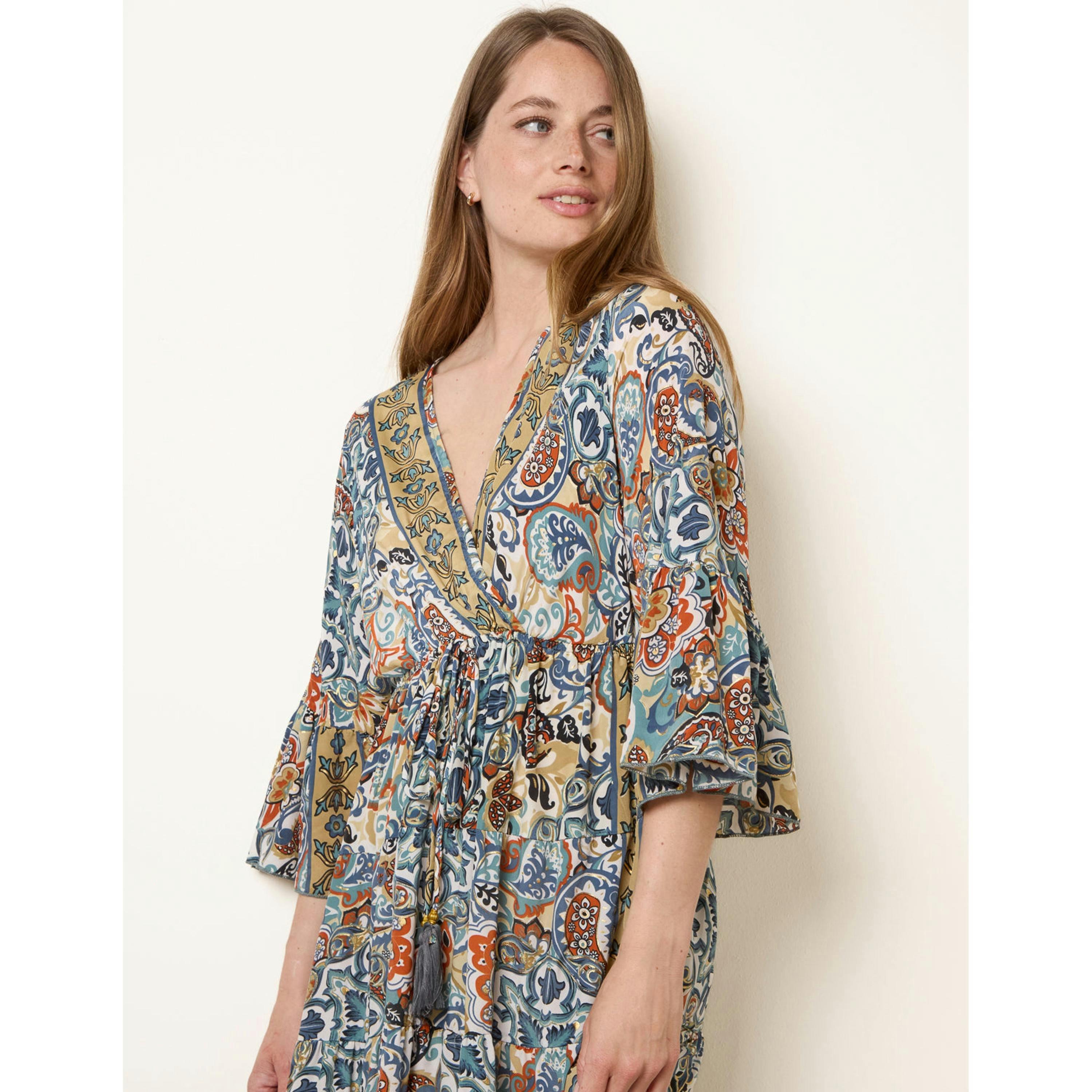 Blue Vanilla Wrap Over Tiered Art Silk Dress  in Multicolour , view 3 of 4