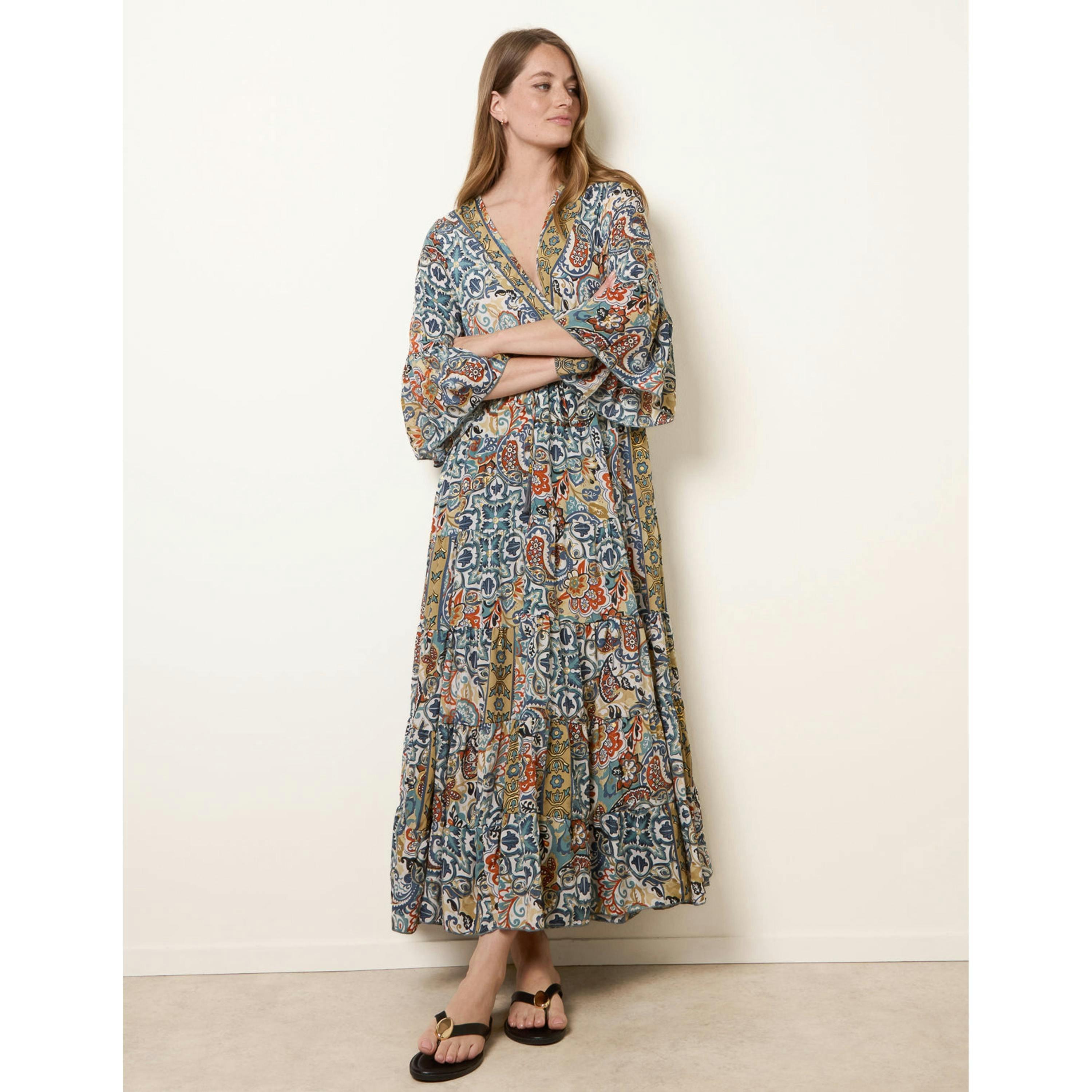 Blue Vanilla Wrap Over Tiered Art Silk Dress  in Multicolour , view 4 of 4