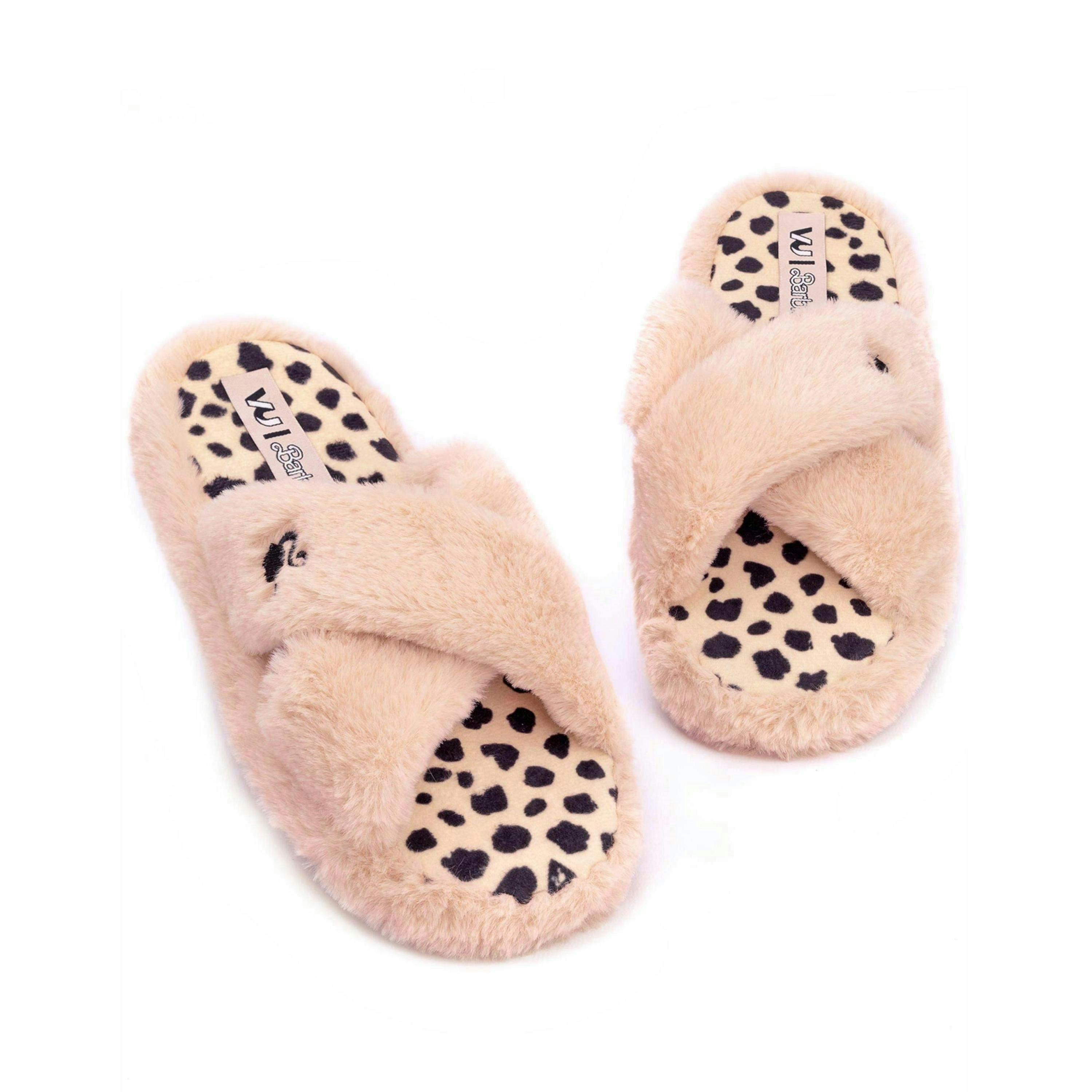 Barbie Women's Slippers | Ladies Pink Fluffy Slip On House Sliders | Leopard Insoles Cross Strap | Doll Logo Gift UK By Vanilla Underground , view 1 of 1