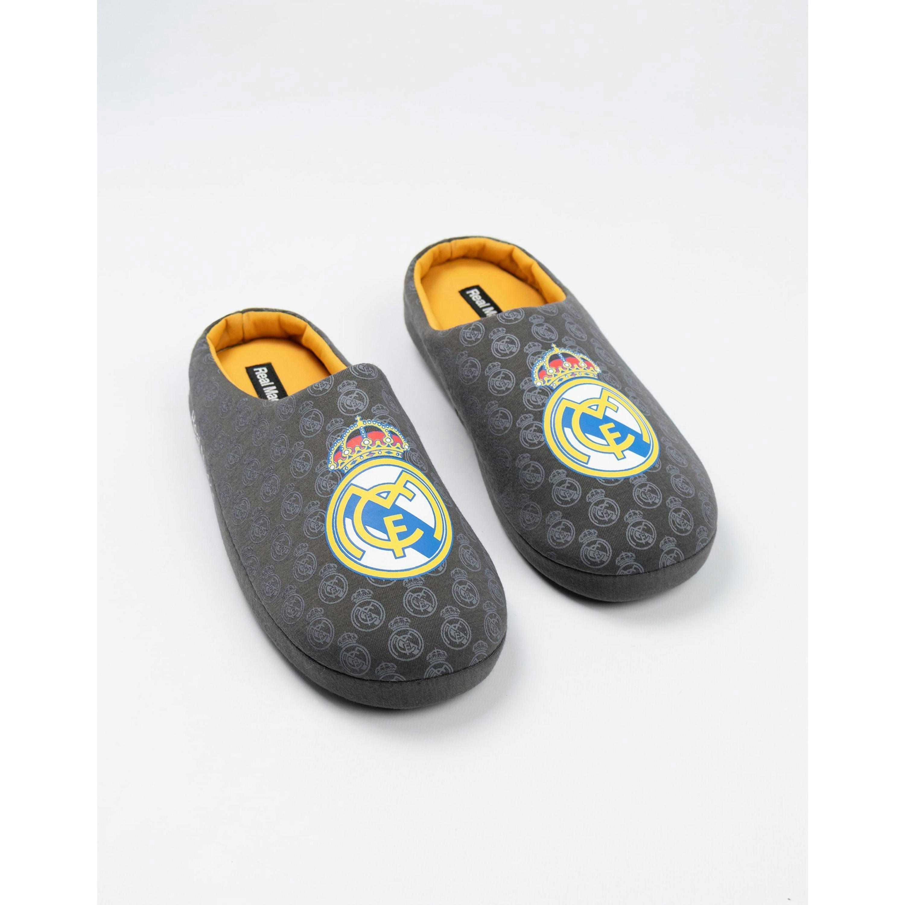 Real Madrid Men's Grey Yellow Logo Mule Slippers | Comfortable Slip-On Sports Indoor Footwear | Home & Leisure House Shoes Merch UK By Vanilla Underground , view 1 of 1