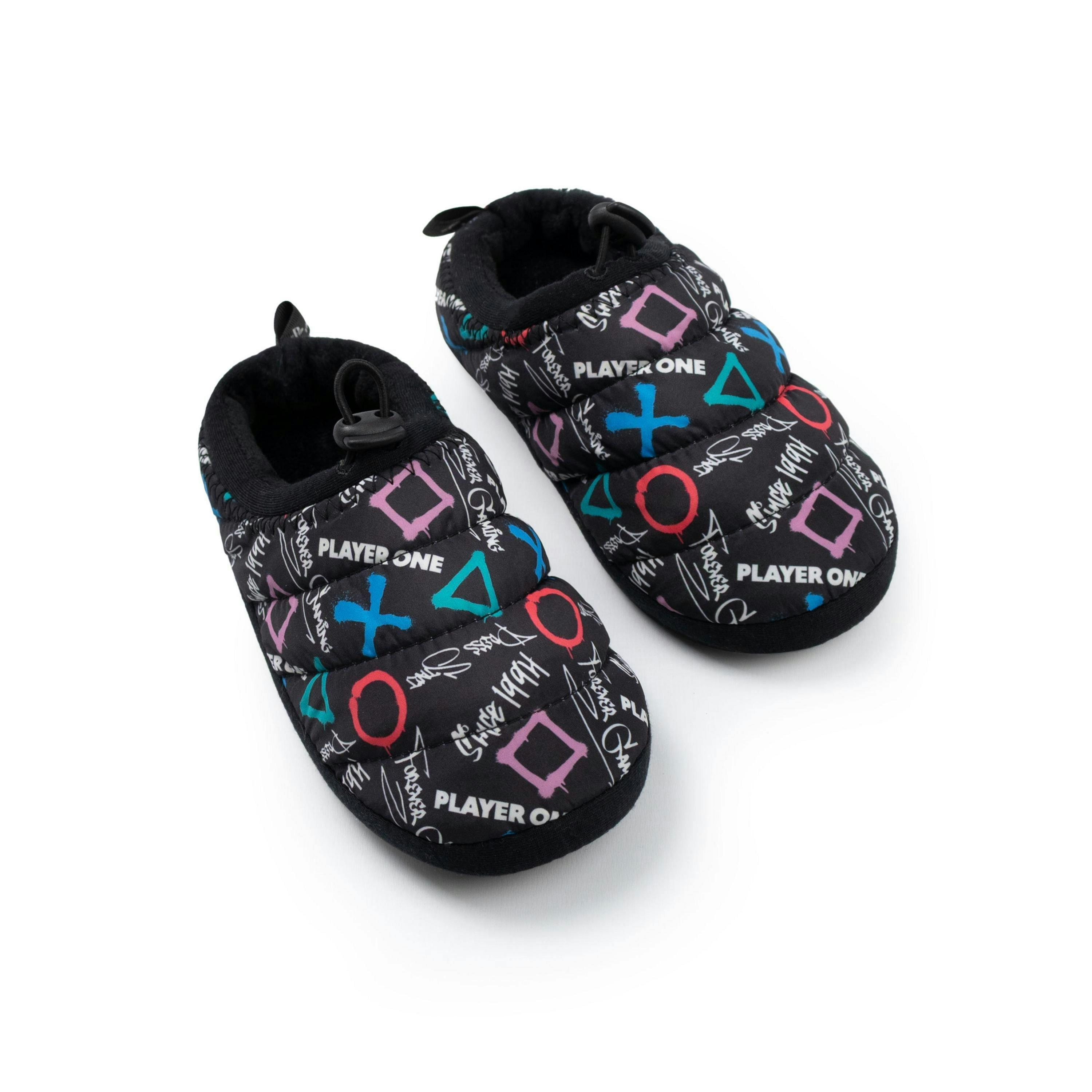PlayStation Boys Black Slip On Loafer Slippers | Controller Symbols Player One Forever Gaming Print | Indoor Gamer House Shoes Merch UK By Vanilla Underground , view 1 of 1
