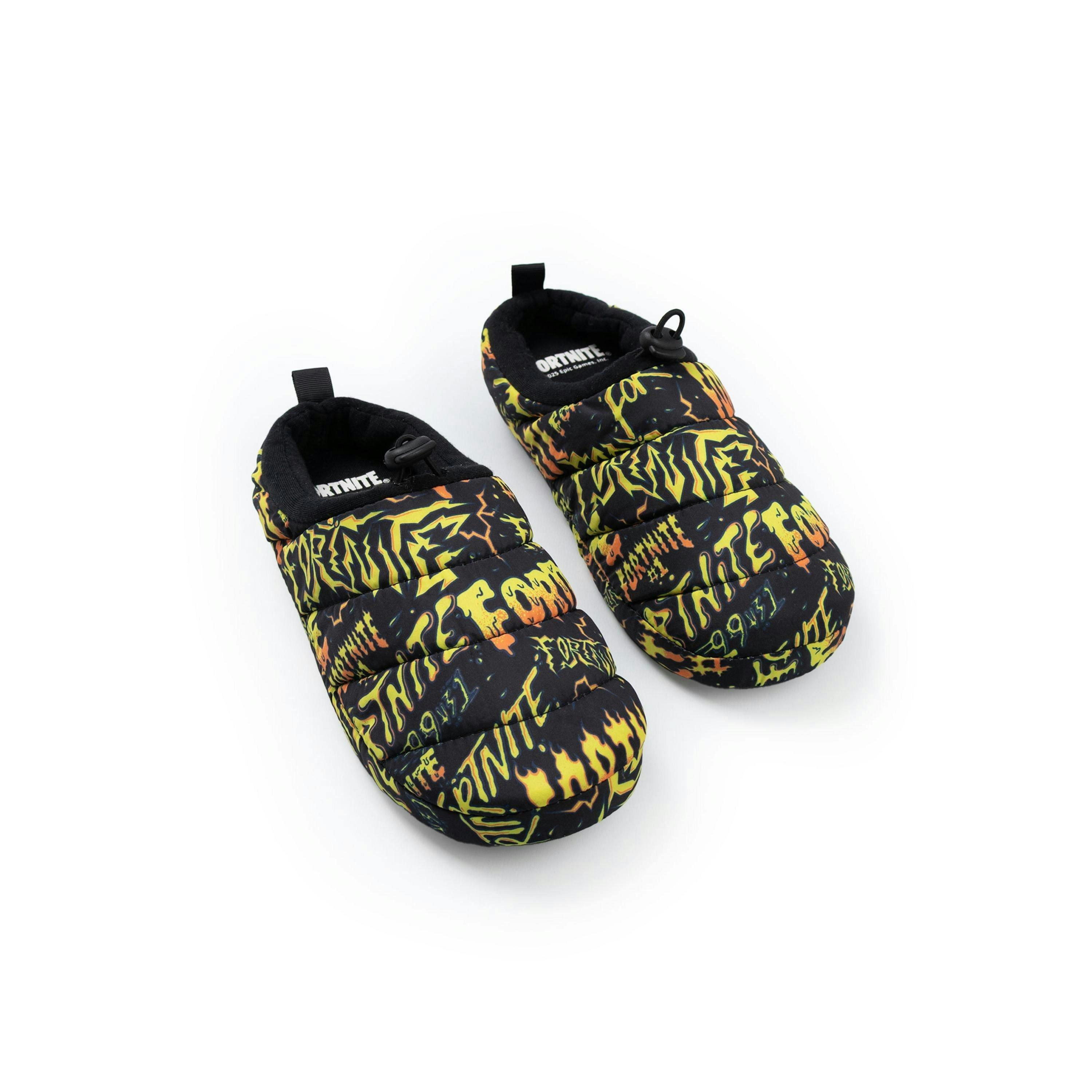 Fortnite Boys Black Orange Yellow Logo Slip On Loafer Slippers | Comfortable Gaming Indoor Loungewear House Shoes | Merch UK By Vanilla Underground , view 1 of 1