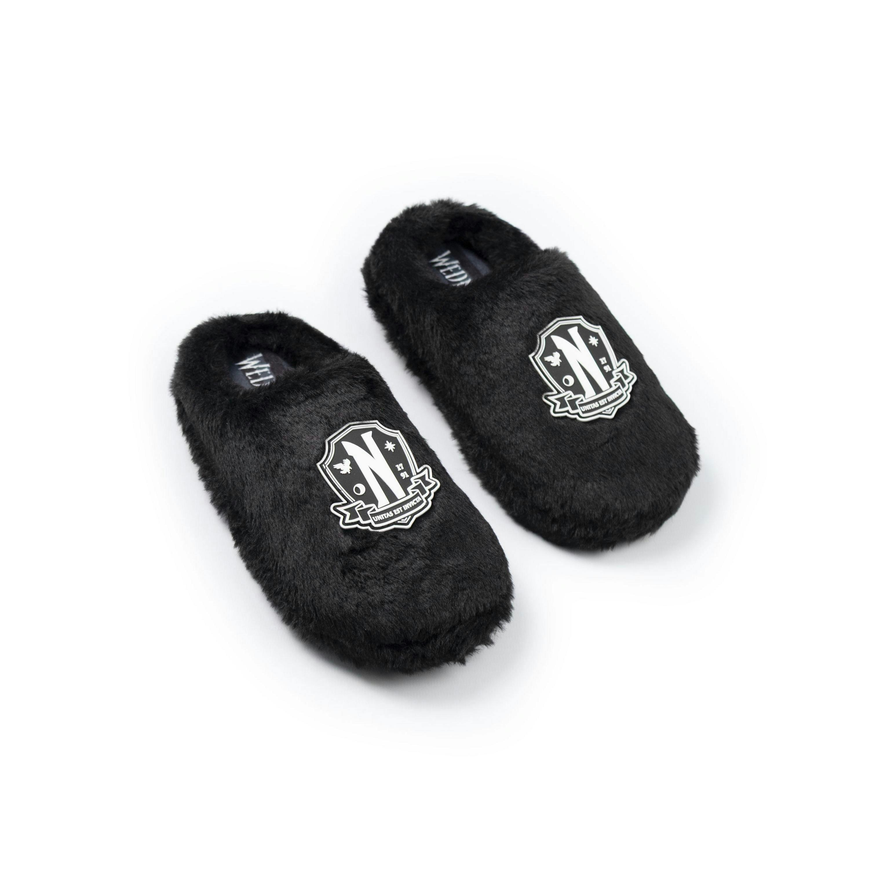 Wednesday Girls Black Logo Fluffy Mule Slippers | Soft Comfortable TV Show Indoor House Shoes | Kids Merchandise UK By Vanilla Underground , view 1 of 1