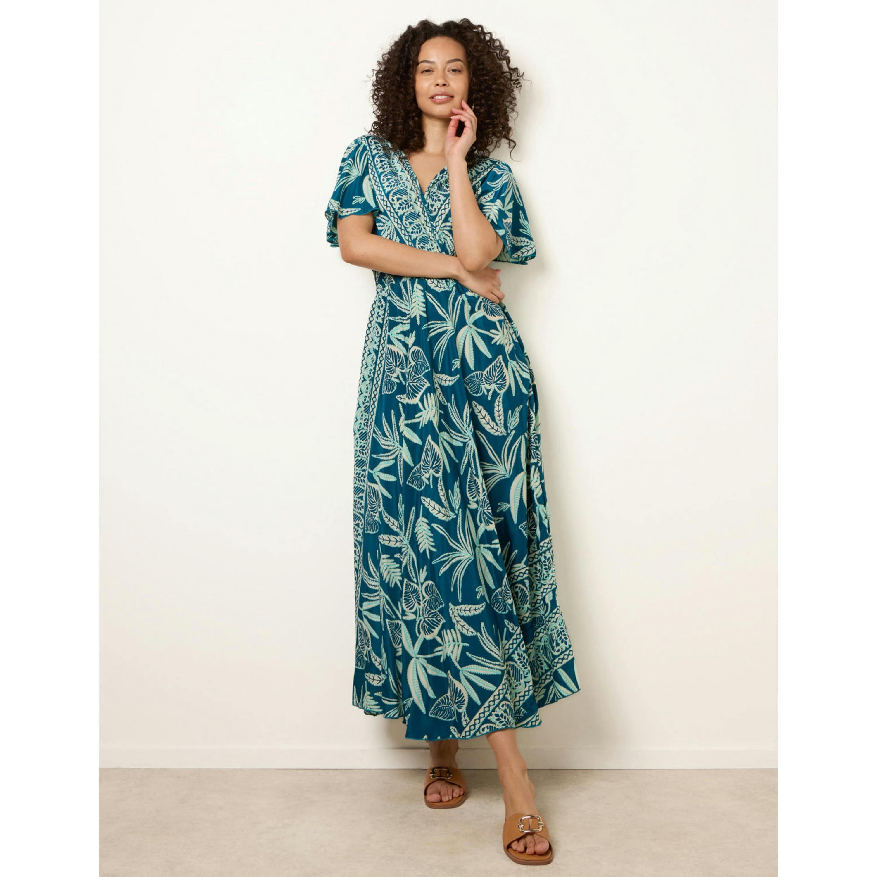 Blue Vanilla Wrap Over Angel Sleeve Shirred Maxi Dress  in Green , view 1 of 4