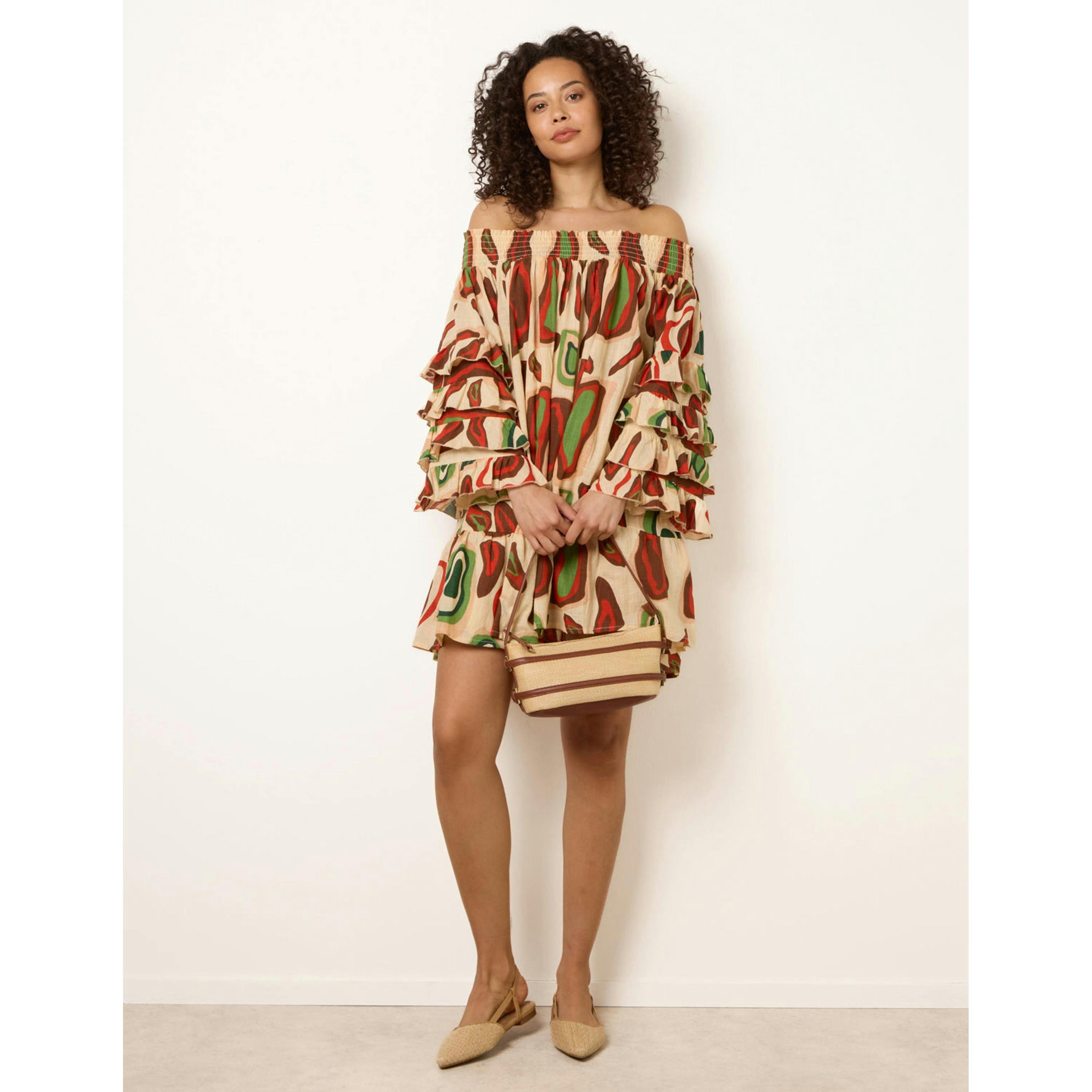Blue Vanilla Printed Frill Sleeve Bardot Off Shoulder Tunic Dress  in Multicolour , view 2 of 4
