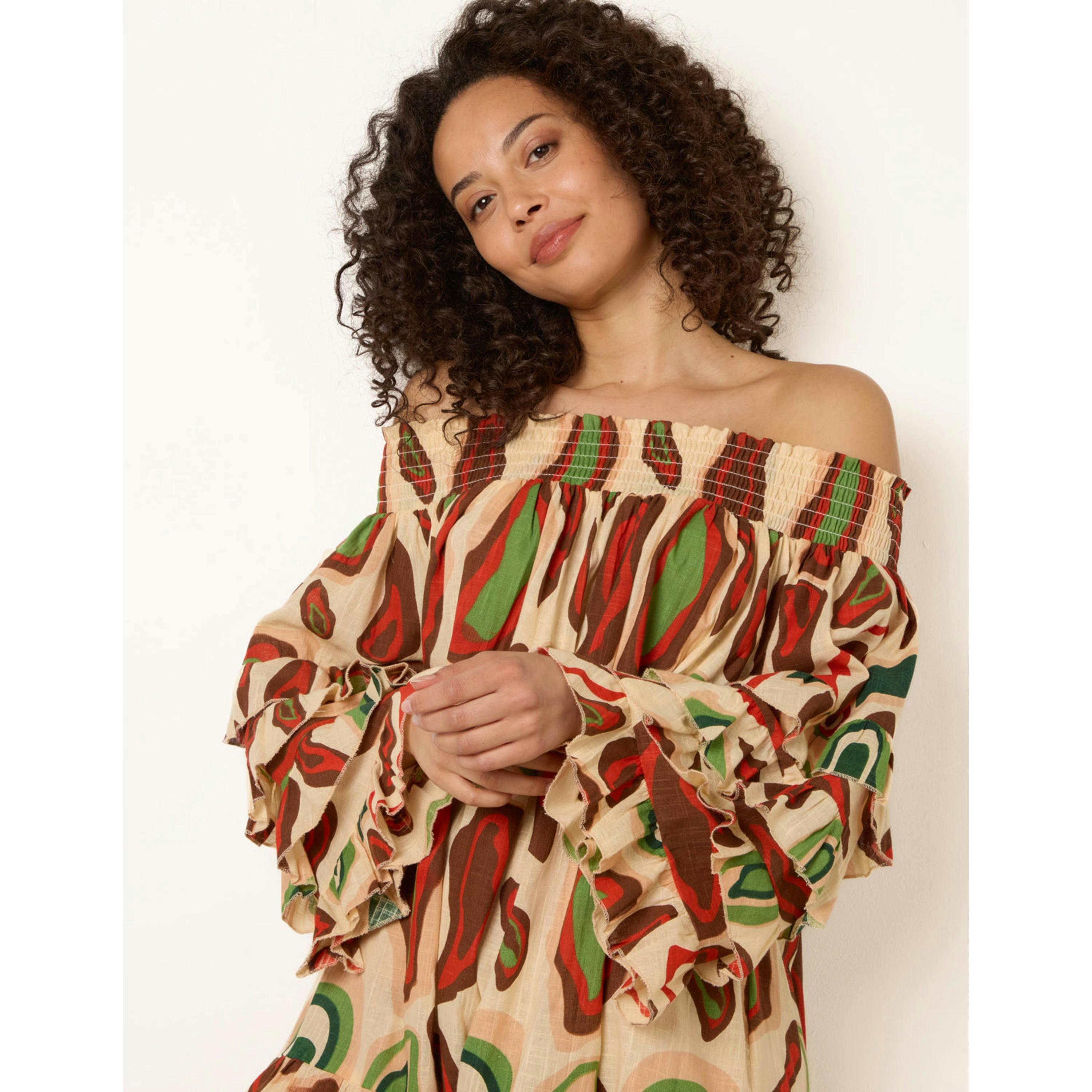 Blue Vanilla Printed Frill Sleeve Bardot Off Shoulder Tunic Dress  in Multicolour , view 3 of 4