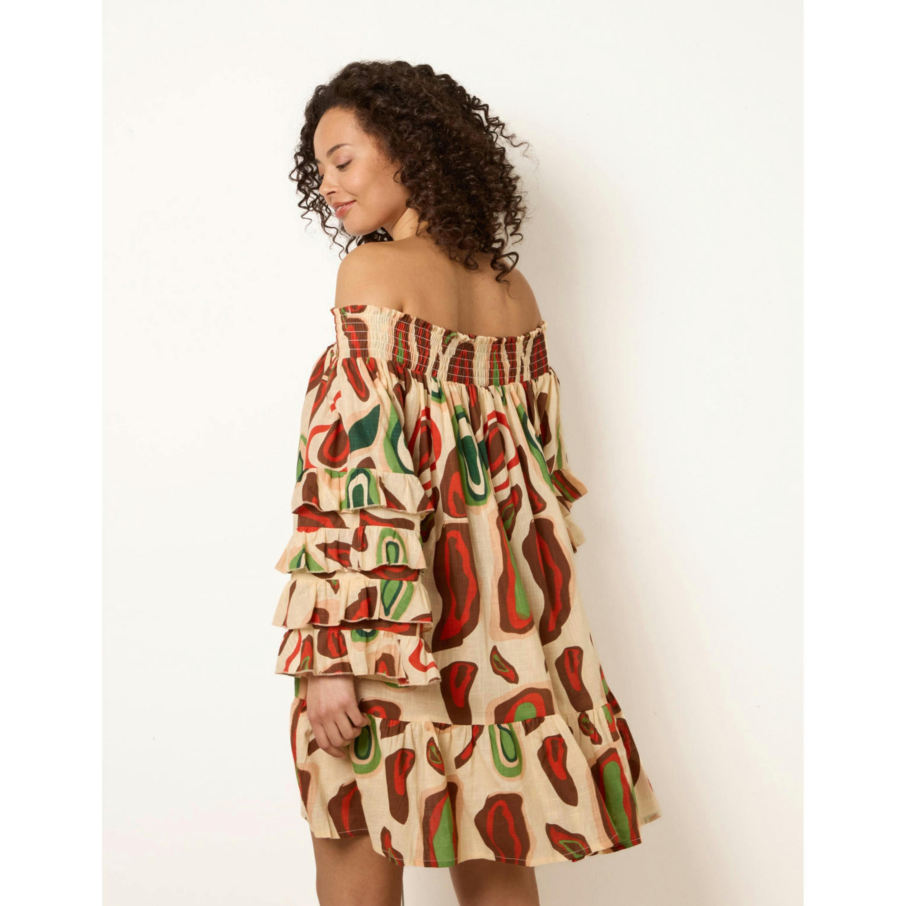 Blue Vanilla Printed Frill Sleeve Bardot Off Shoulder Tunic Dress  in Multicolour , view 4 of 4