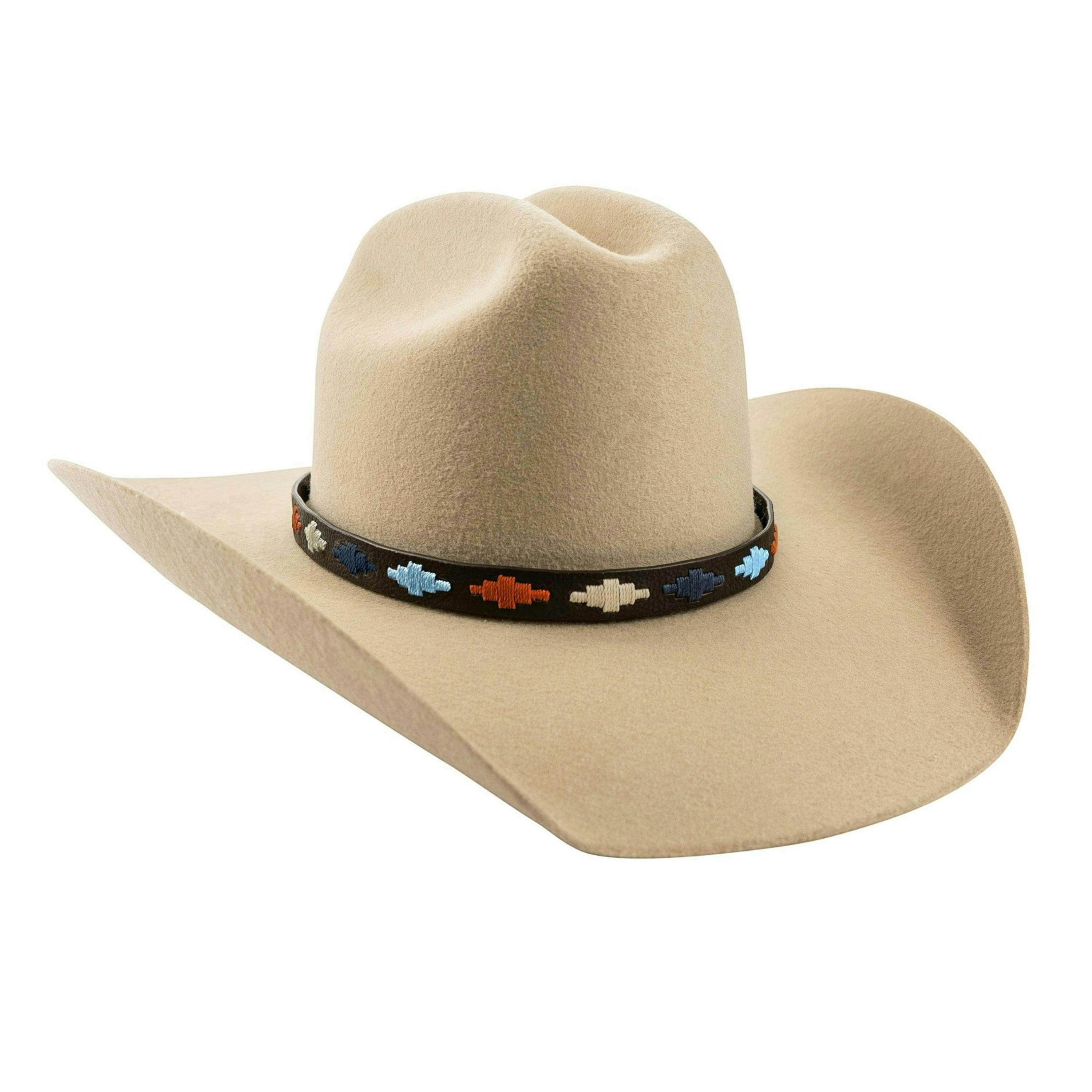 pampa leather hat band - copper, light blue, navy and cream diamonds , view 2 of 3