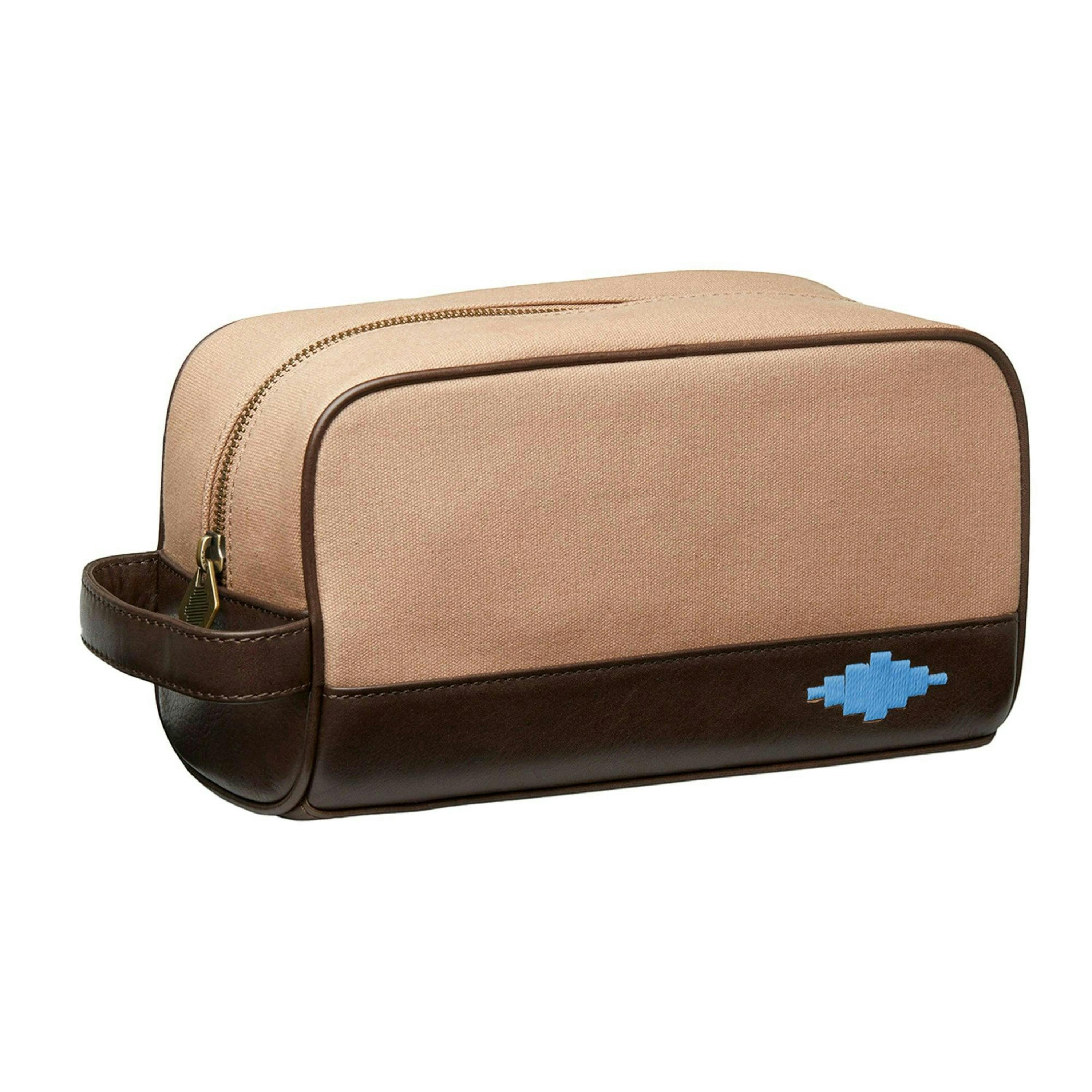 Hombre washbag - brown leather and sand canvas with blue stitching , view 1 of 4