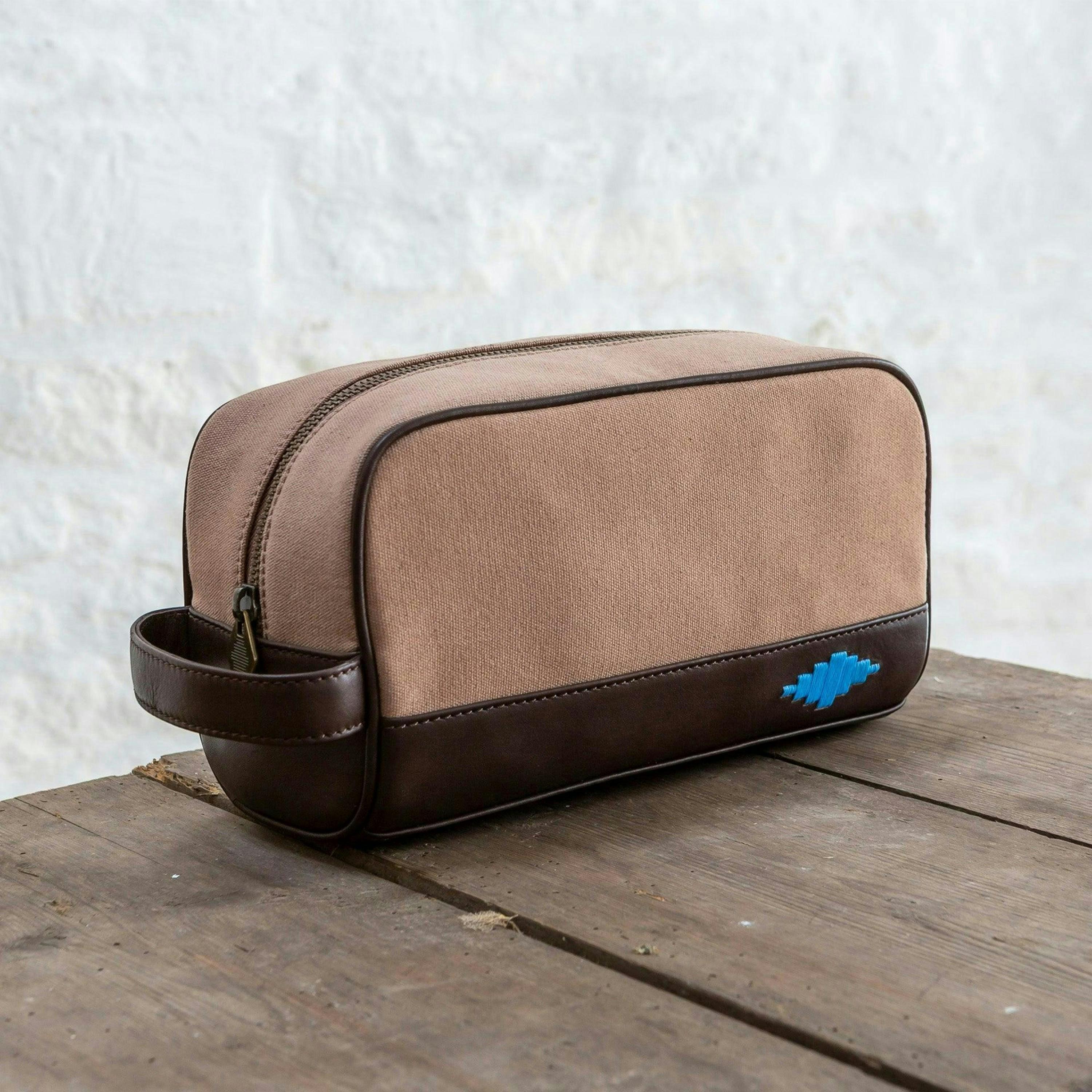 Hombre washbag - brown leather and sand canvas with blue stitching , view 2 of 4