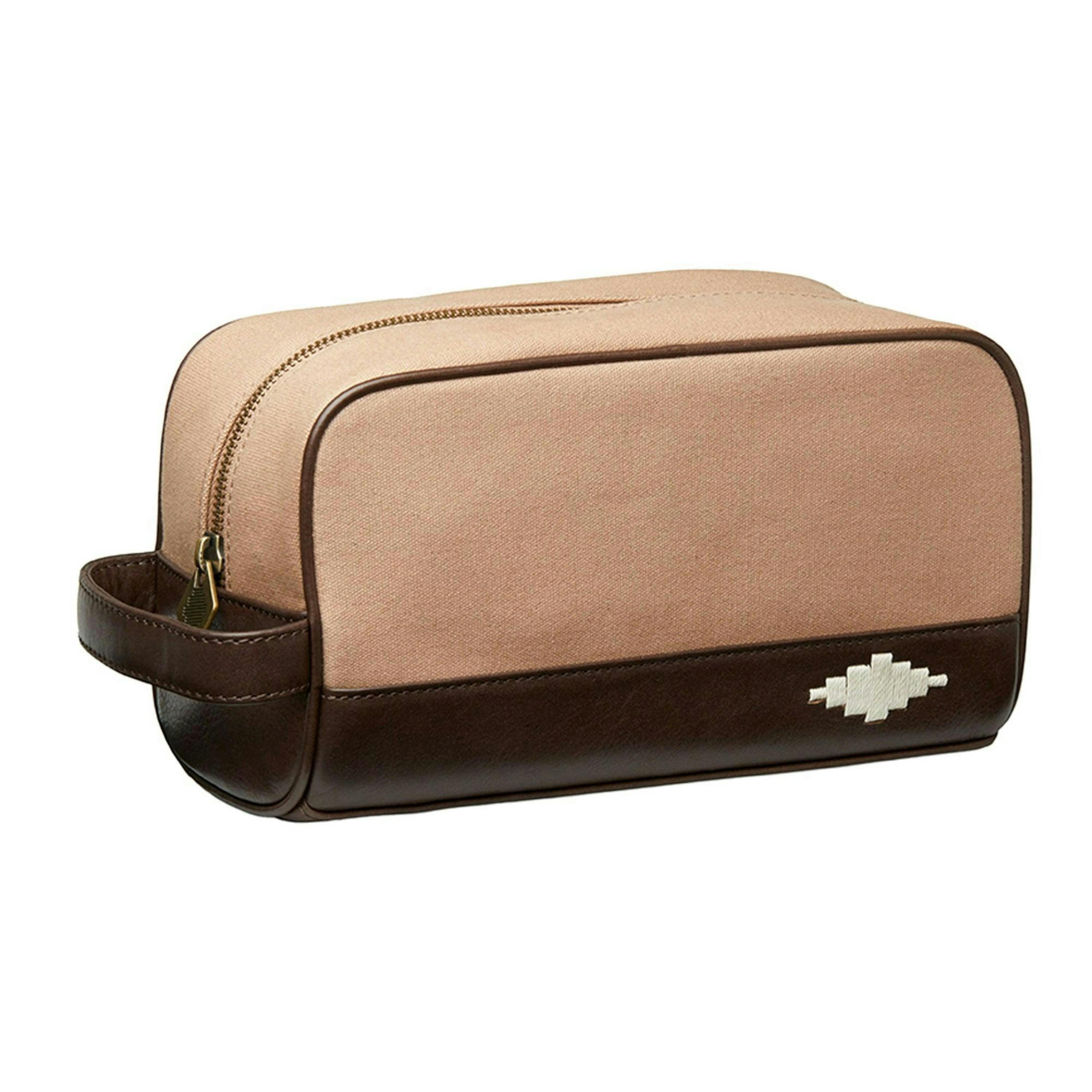 Hombre washbag - brown leather and sand canvas with cream stitching , view 1 of 4