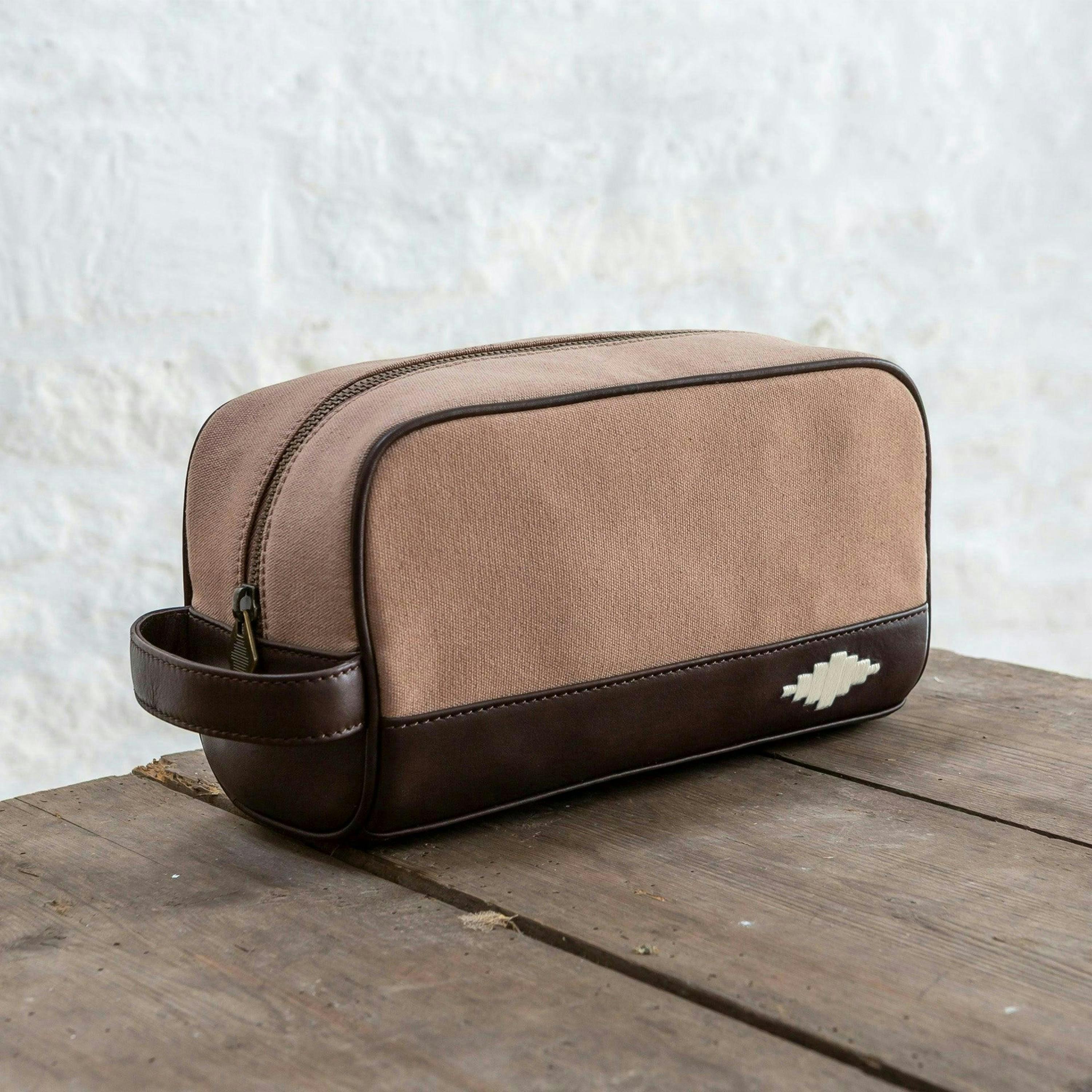 Hombre washbag - brown leather and sand canvas with cream stitching , view 2 of 4
