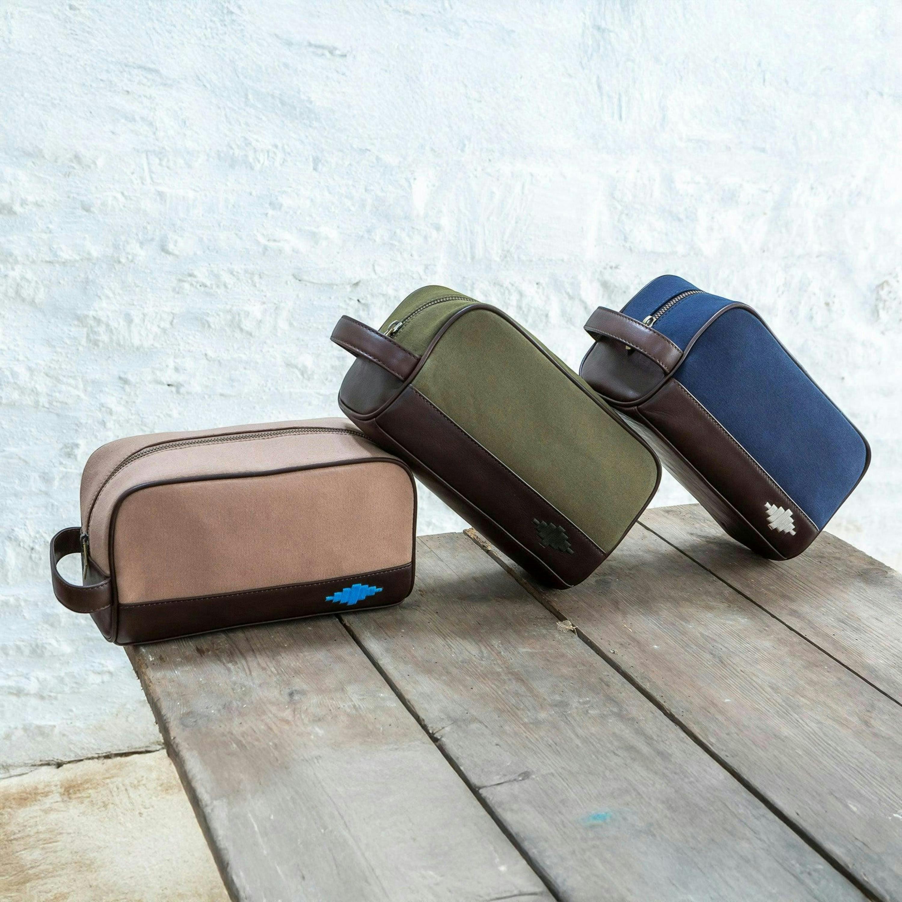 Hombre washbag - brown leather and sand canvas with cream stitching , view 3 of 4