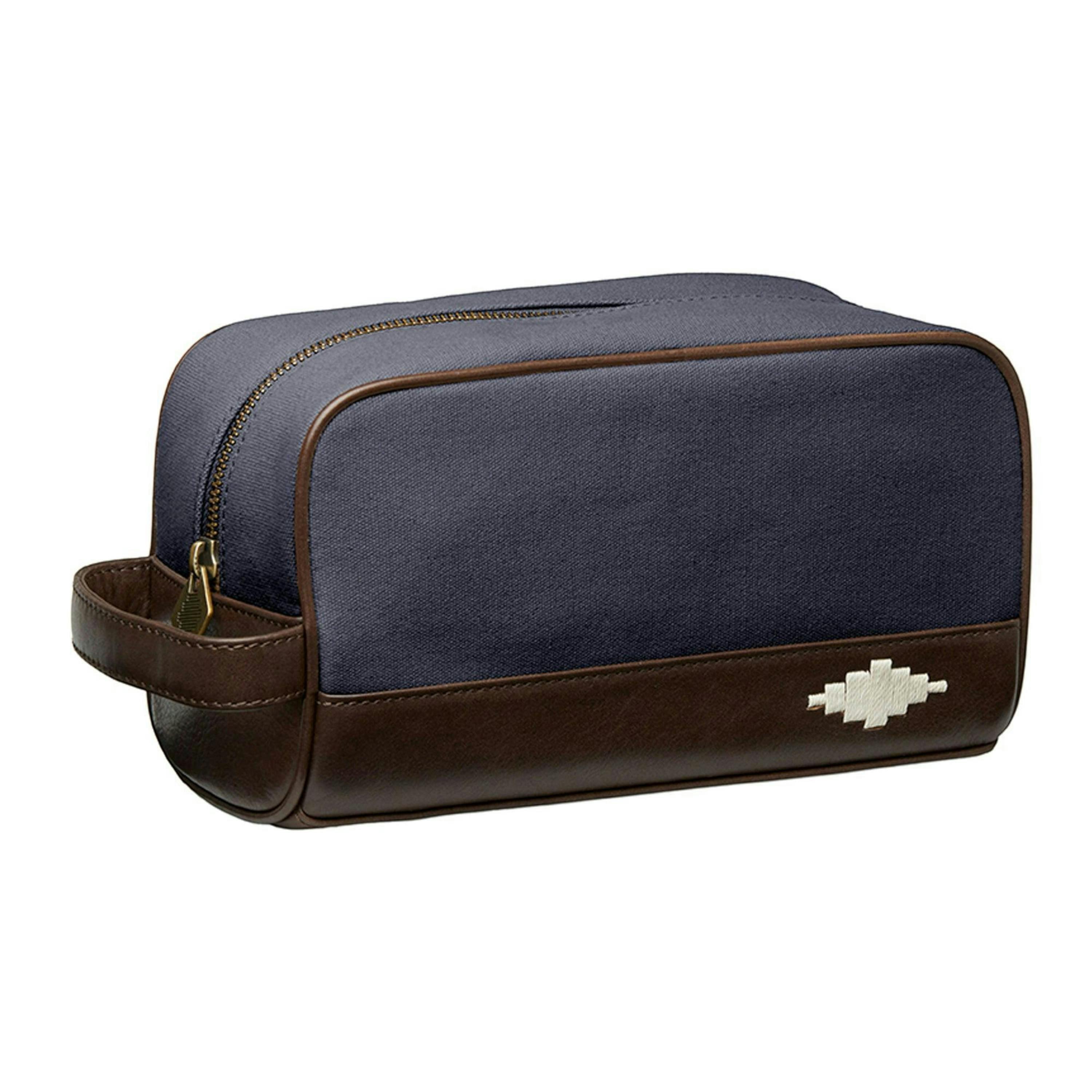 Hombre washbag - brown leather and navy canvas with cream stitching , view 1 of 5