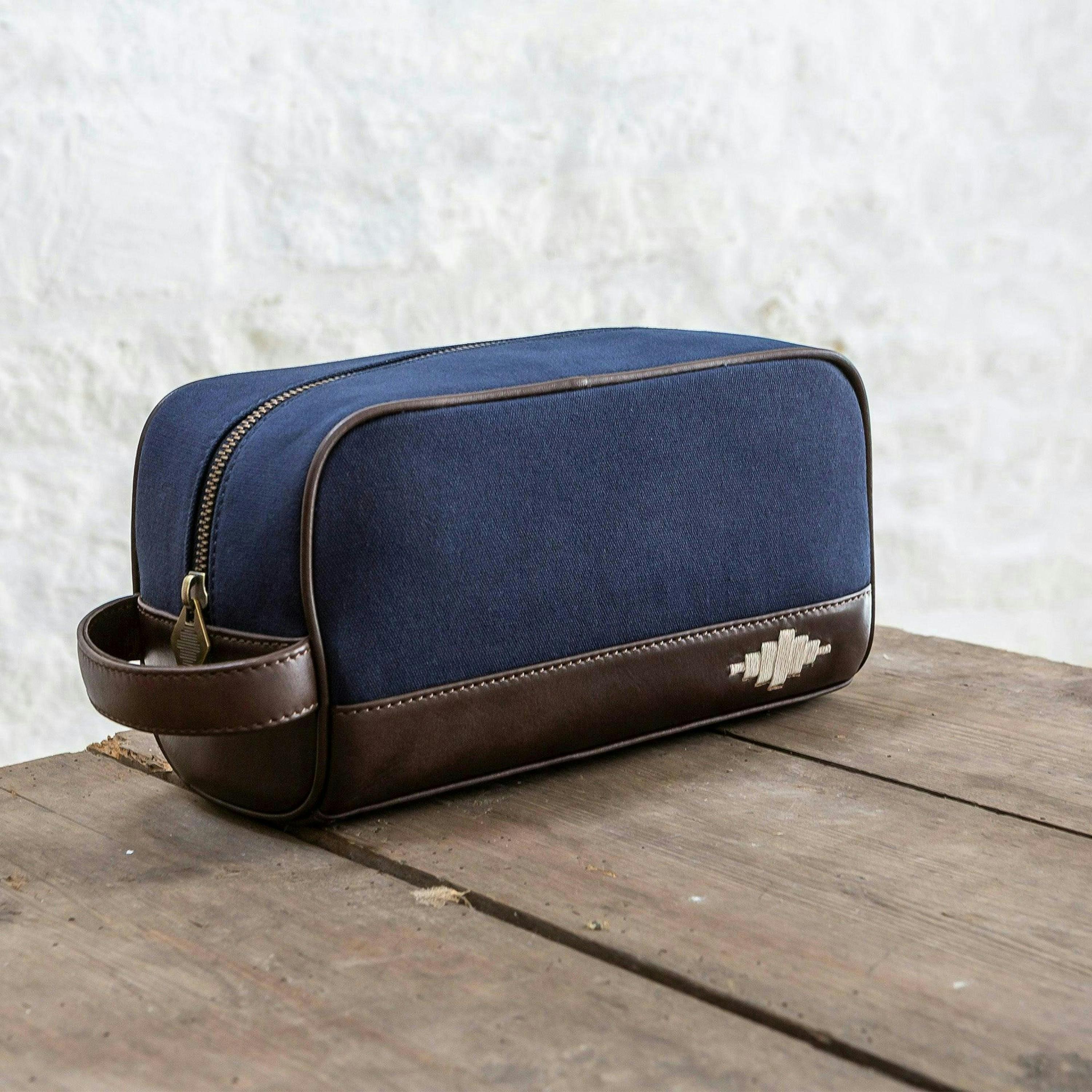 Hombre washbag - brown leather and navy canvas with cream stitching , view 2 of 5