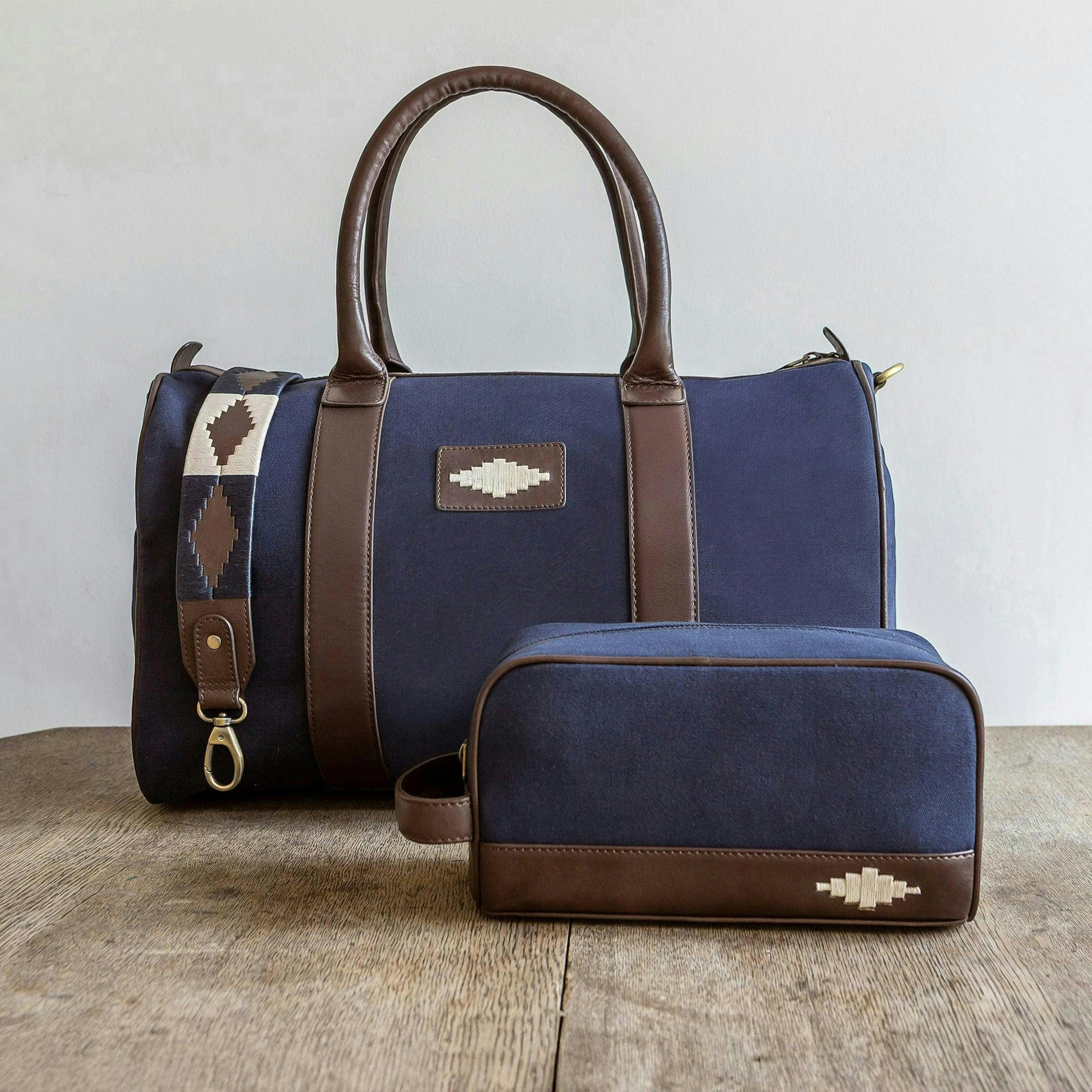 Hombre washbag - brown leather and navy canvas with cream stitching , view 4 of 5