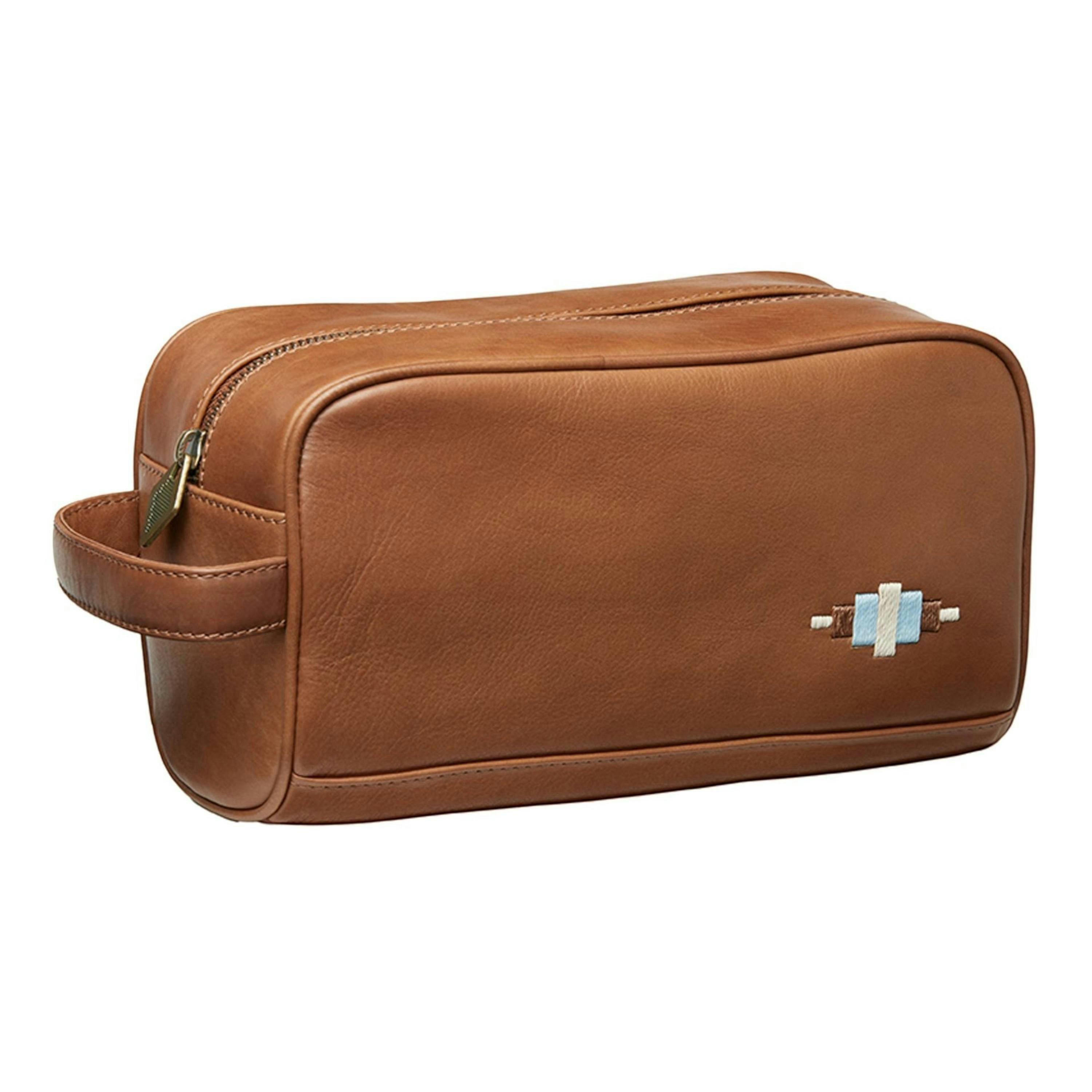 Hombre washbag -  tan leather with light blue, light brown and cream stitching , view 1 of 3
