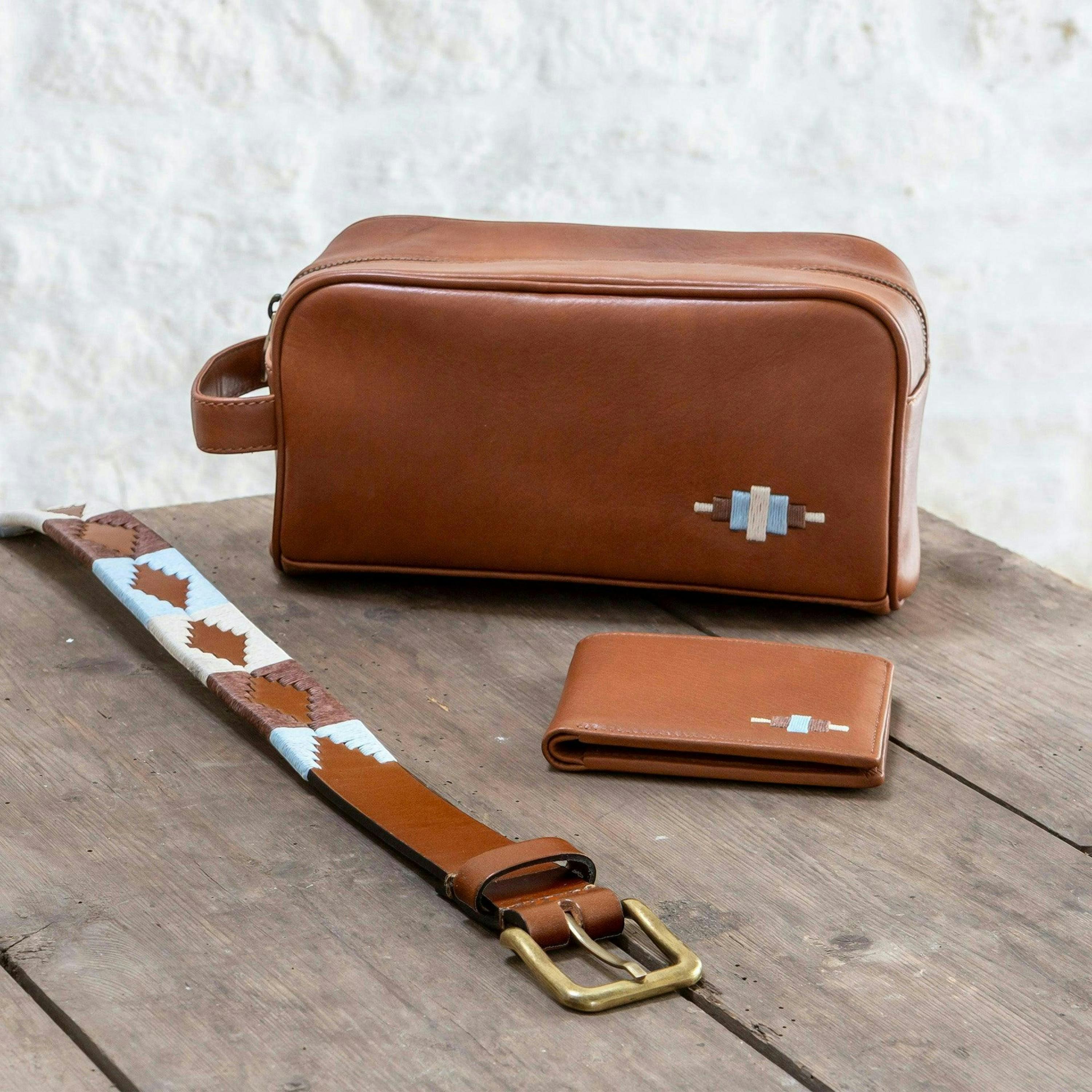 Hombre washbag -  tan leather with light blue, light brown and cream stitching , view 2 of 3