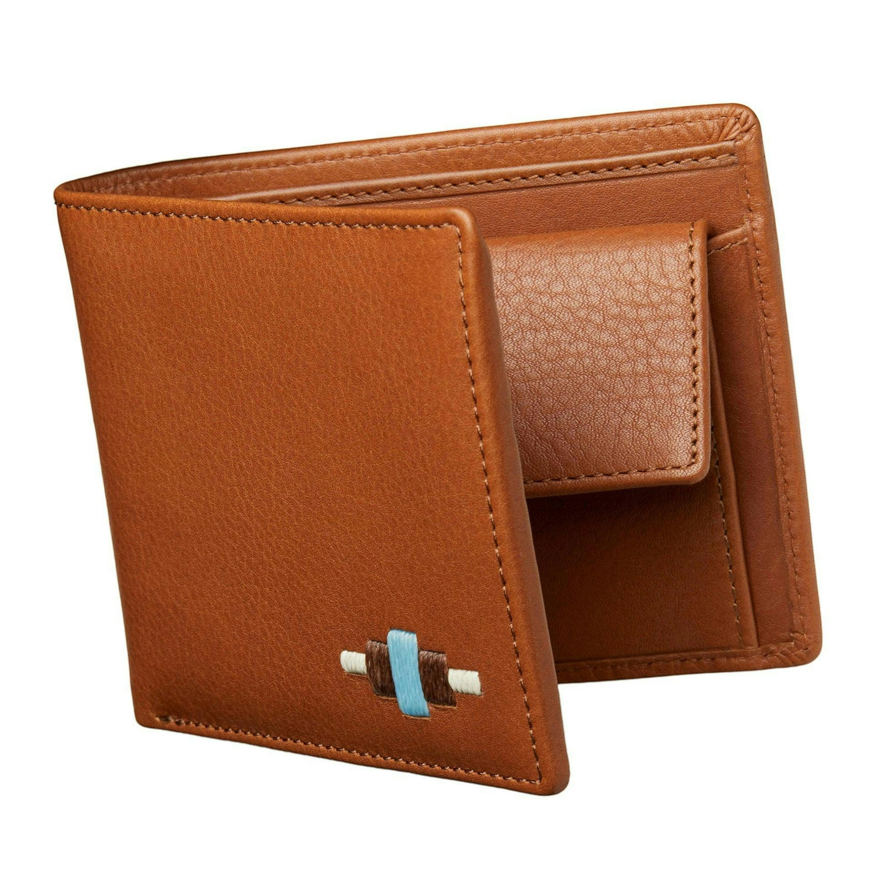 Moneda coin wallet - tan leather with light blue, light brown and cream stitching , view 1 of 4