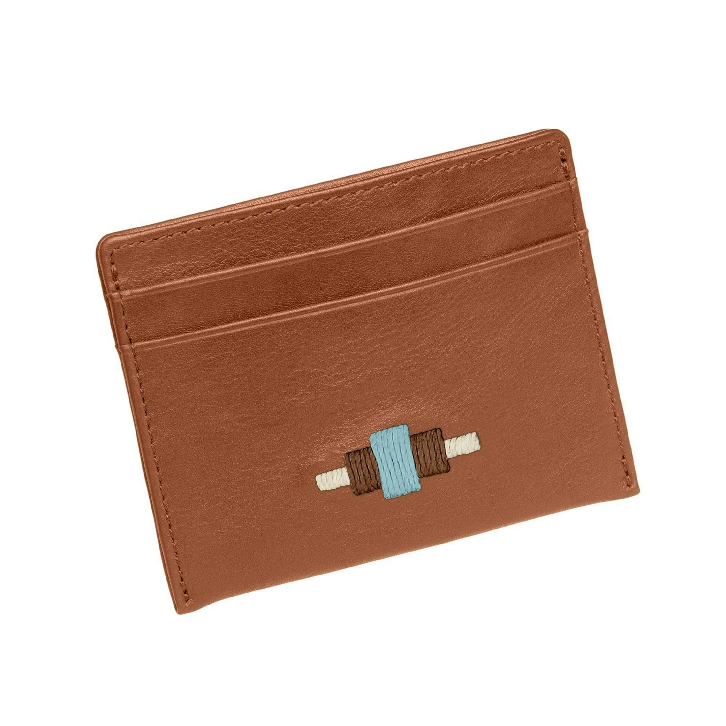 Rombo card slip - tan leather with light blue, light brown and cream stitching , view 1 of 4