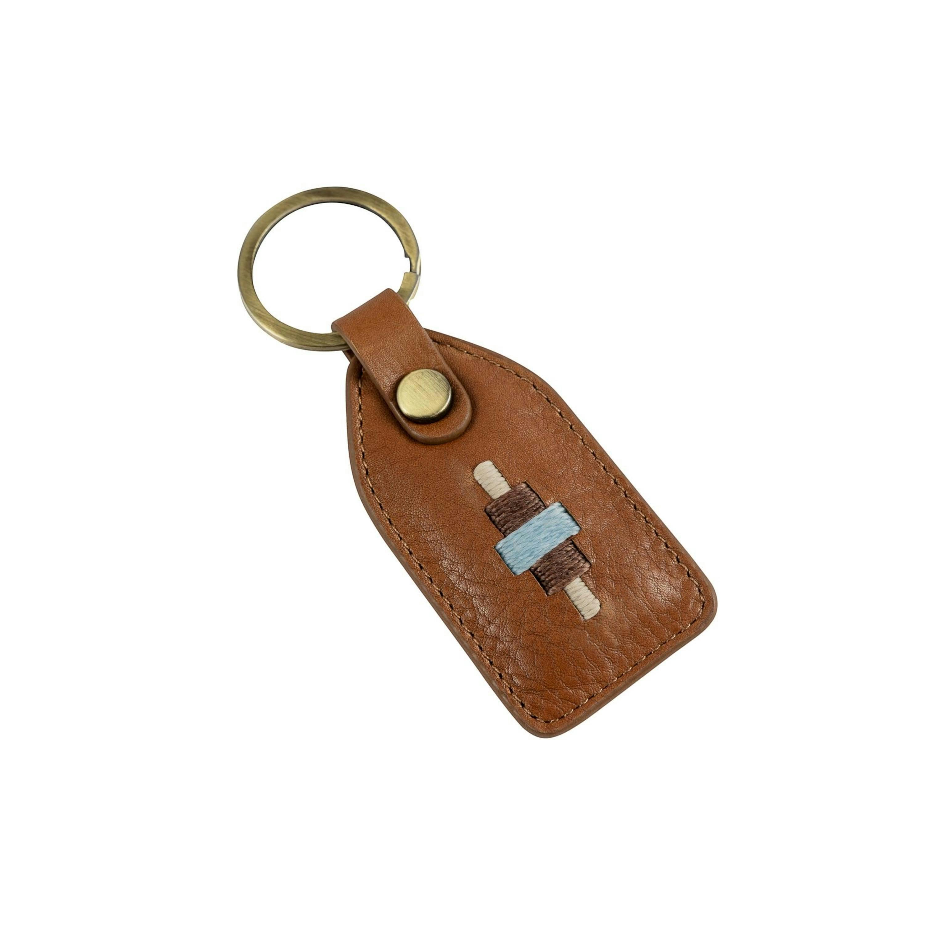 Chapa tag keyring - tan leather with light blue, light brown and cream stitching , view 1 of 5