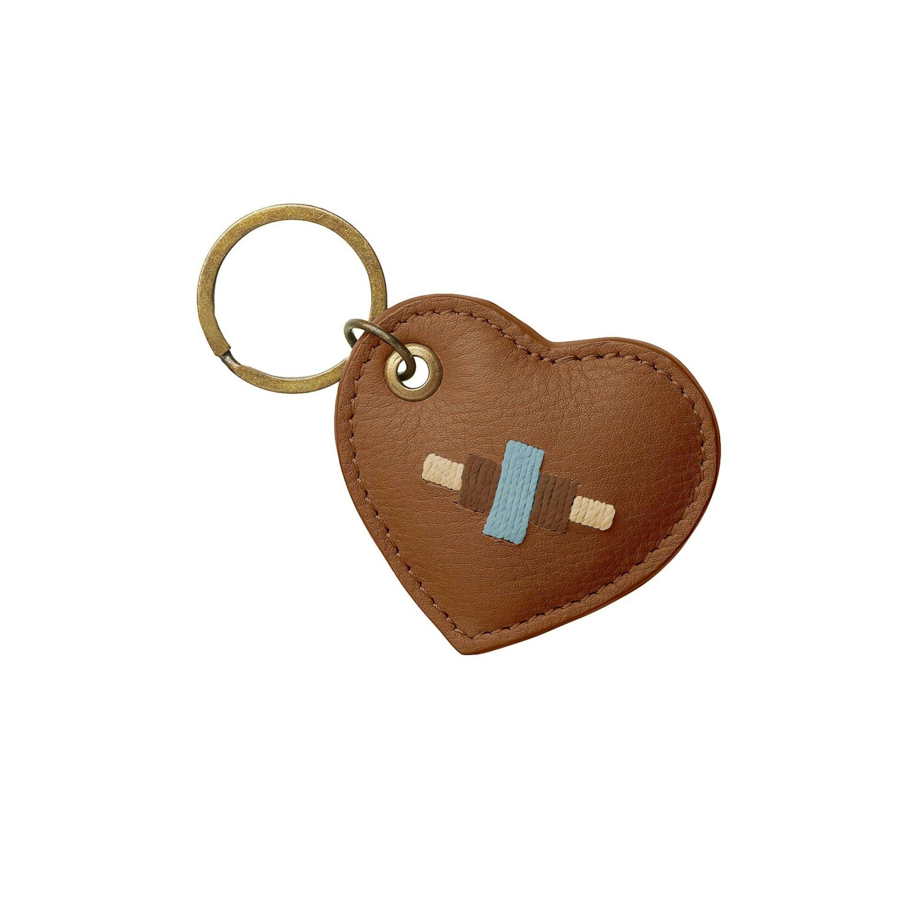 Vida heart keyring - tan leather with light blue, light brown and cream stitching , view 1 of 1