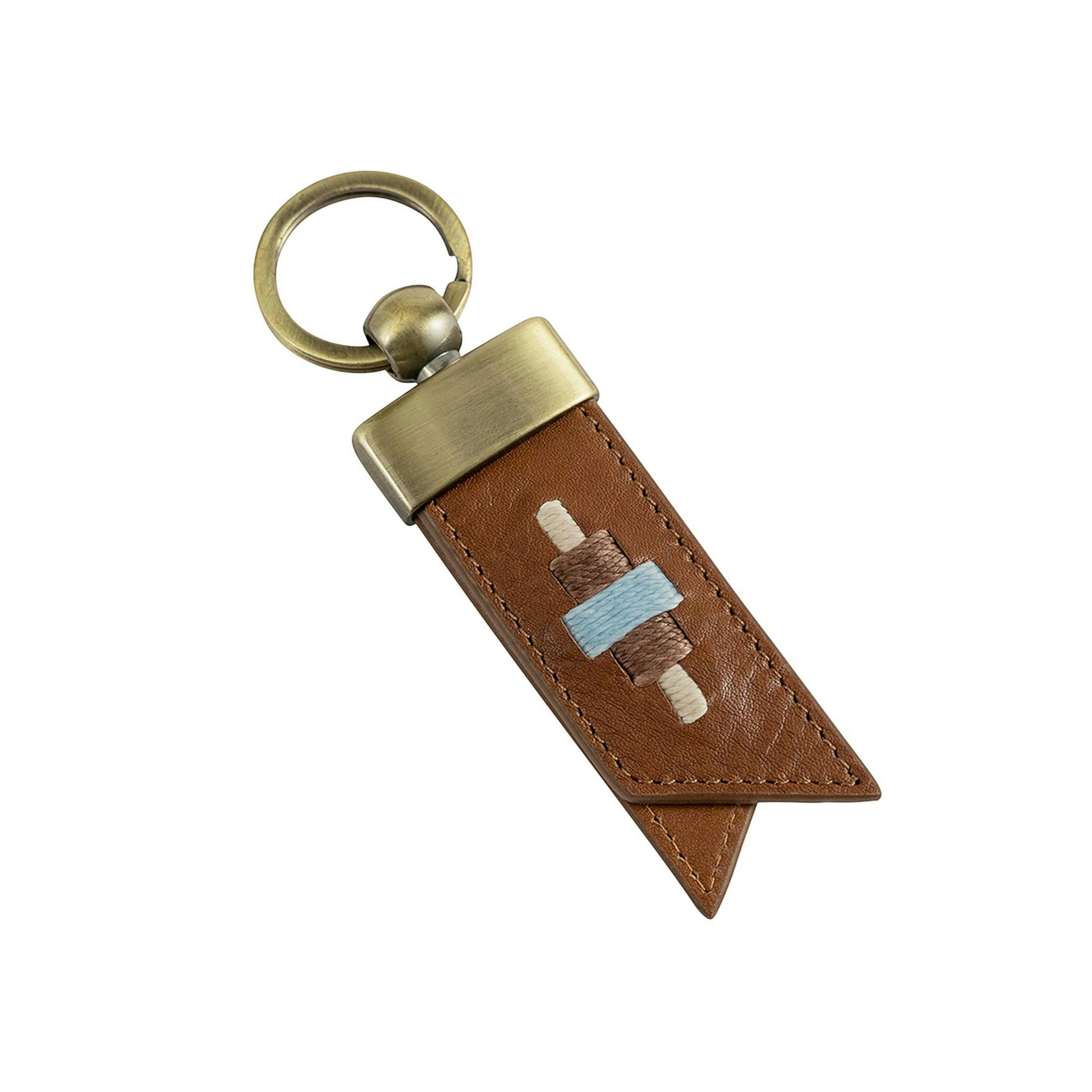 Juntos origami keyring - tan leather with light blue, light brown and cream stitching , view 1 of 3