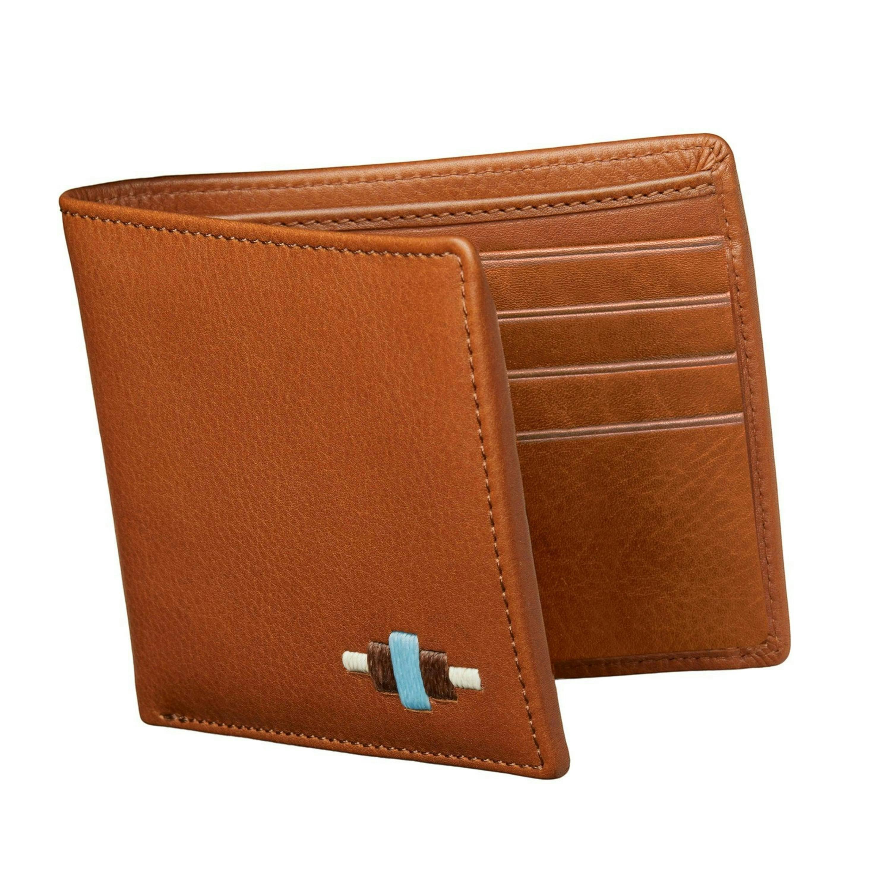 Dinero card wallet - tan leather with light blue, light brown and cream stitching , view 1 of 5