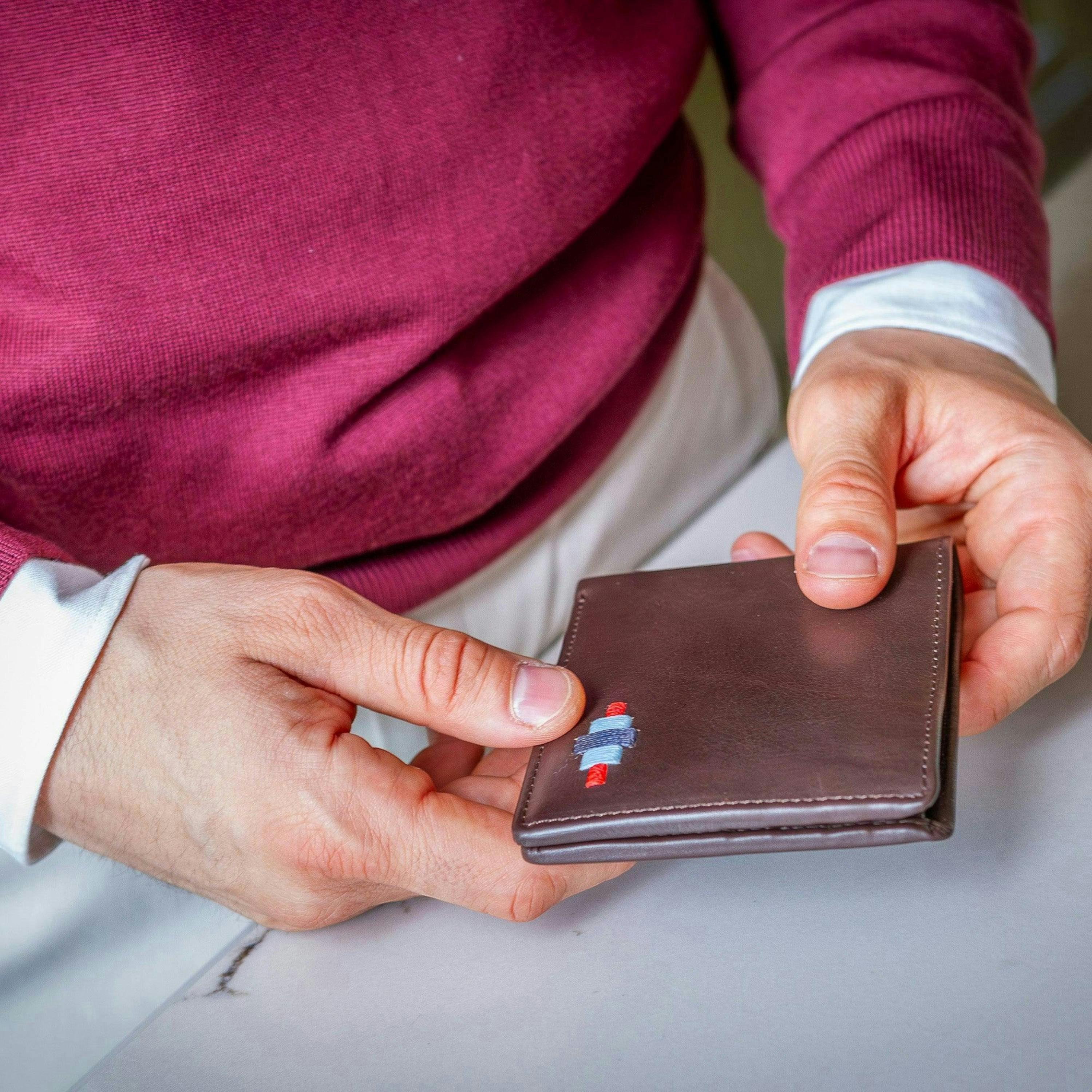 Dinero card wallet - tan leather with light blue, light brown and cream stitching , view 3 of 5