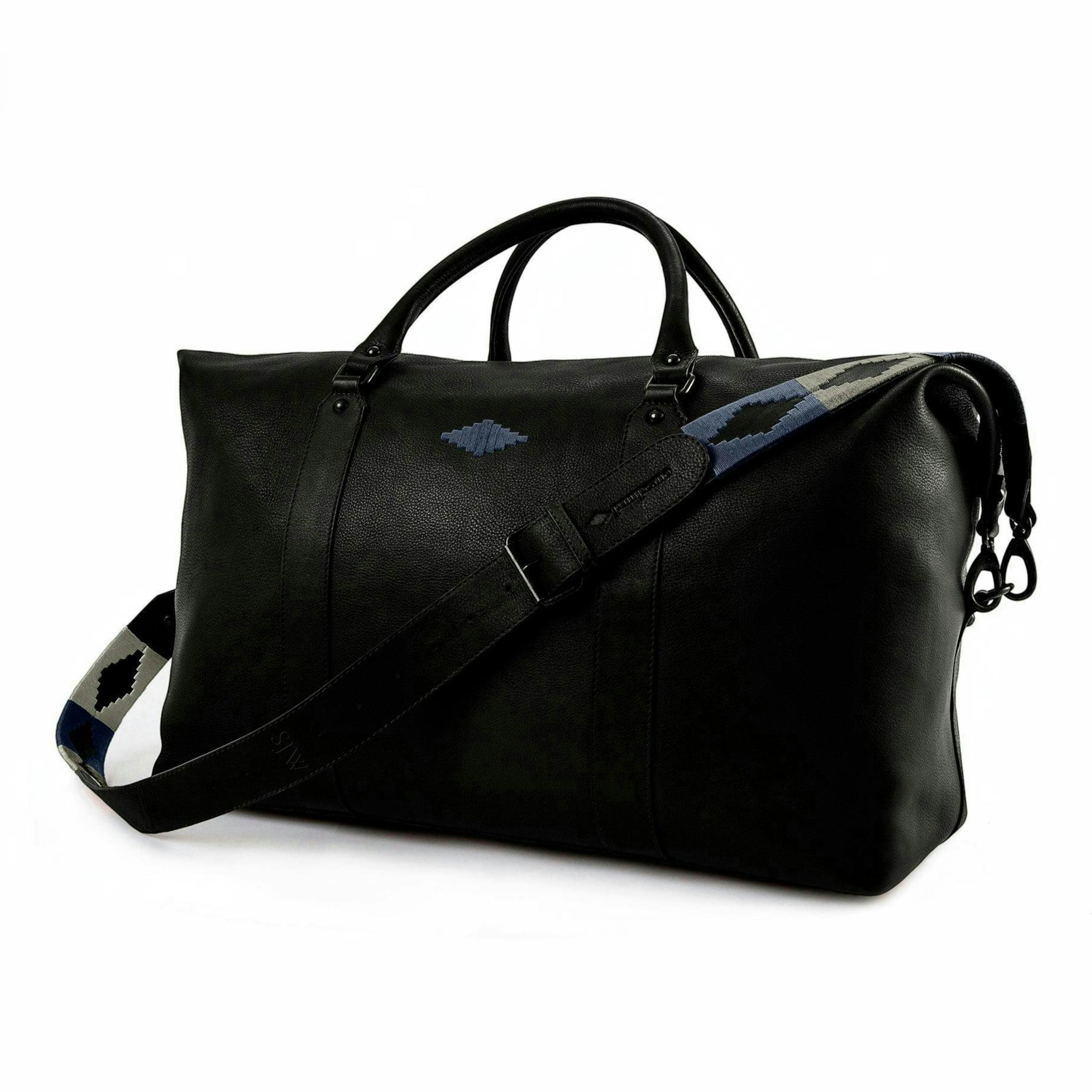 Caballero large travel bag - black leather with denim blue stitching , view 1 of 6