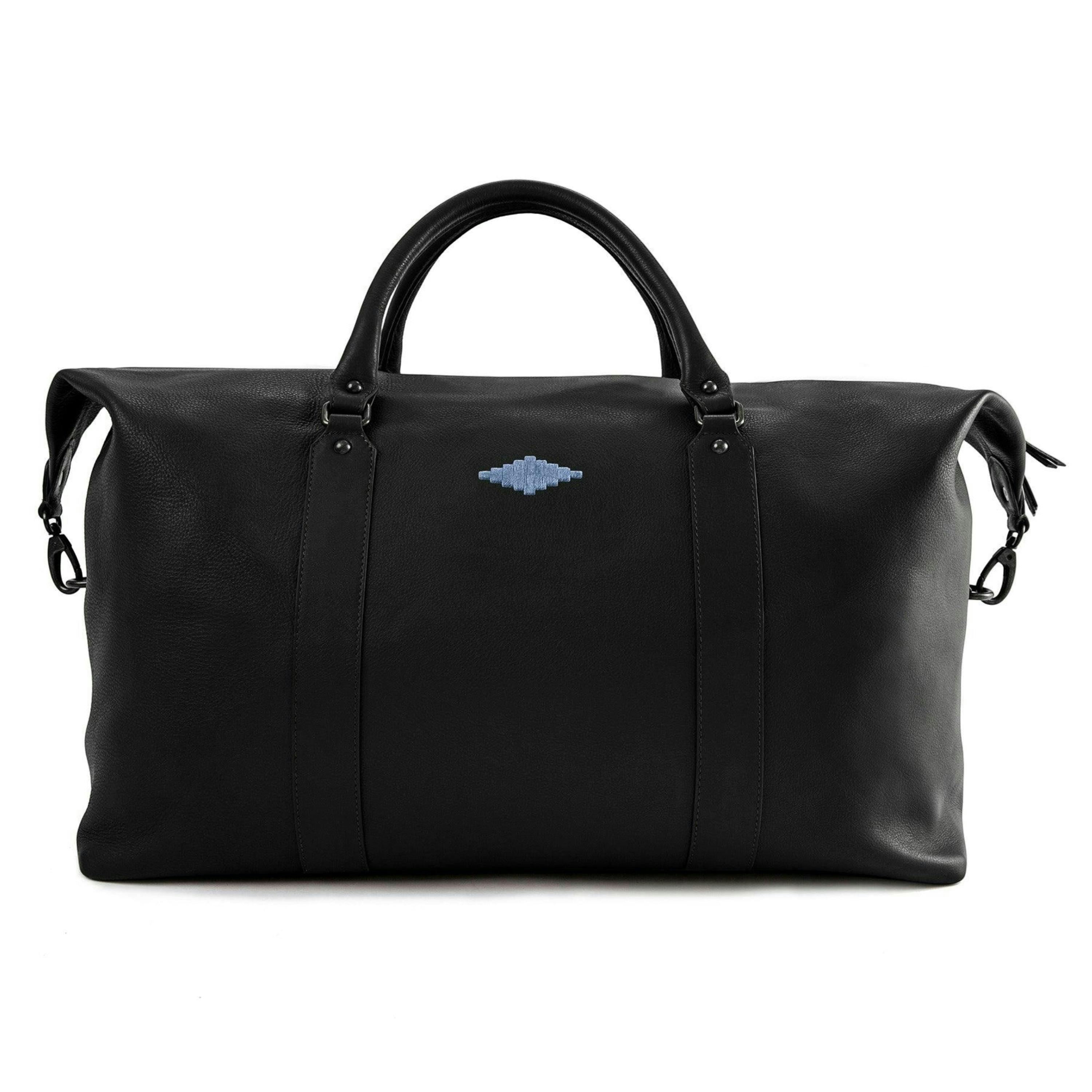Caballero large travel bag - black leather with denim blue stitching , view 2 of 6