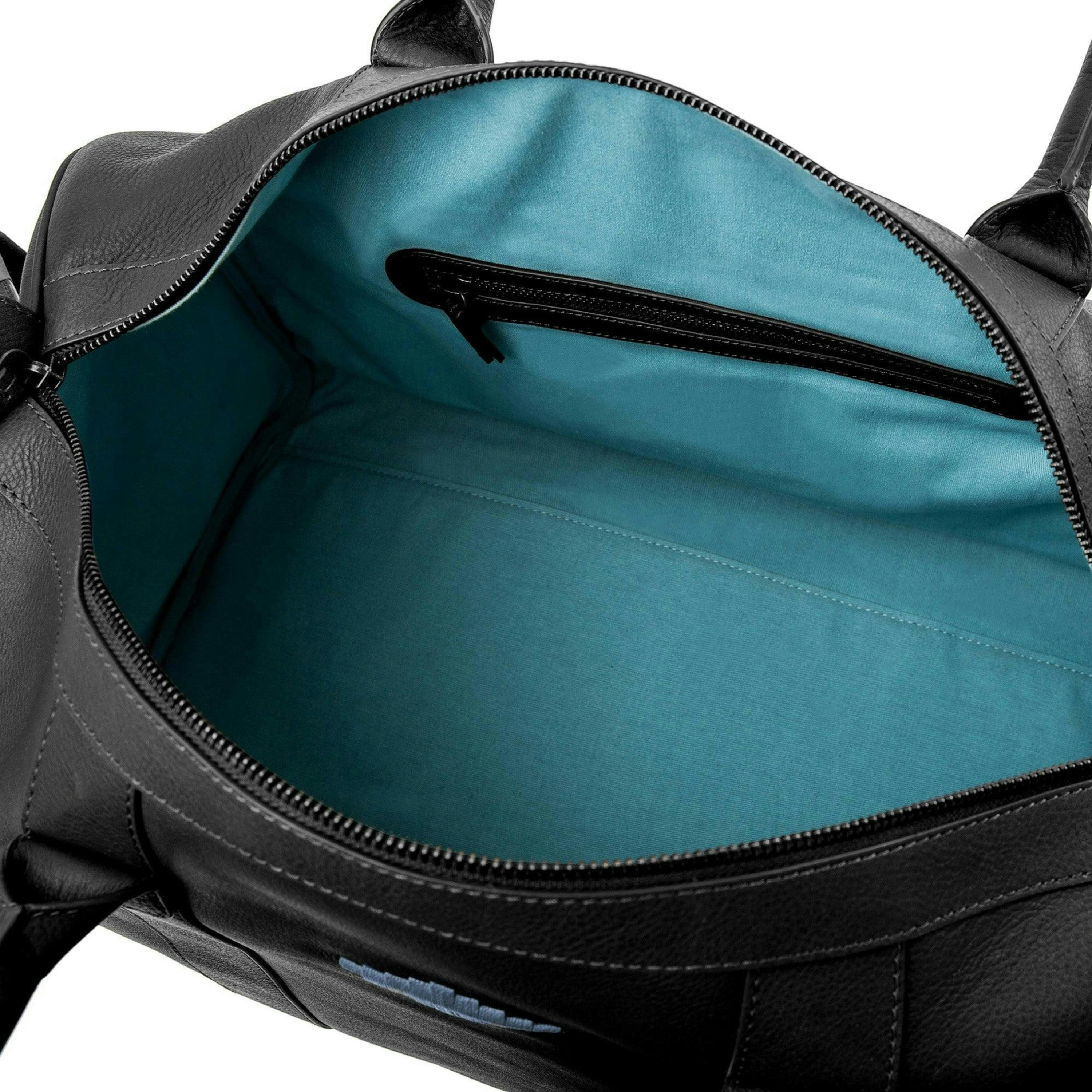 Caballero large travel bag - black leather with denim blue stitching , view 6 of 6