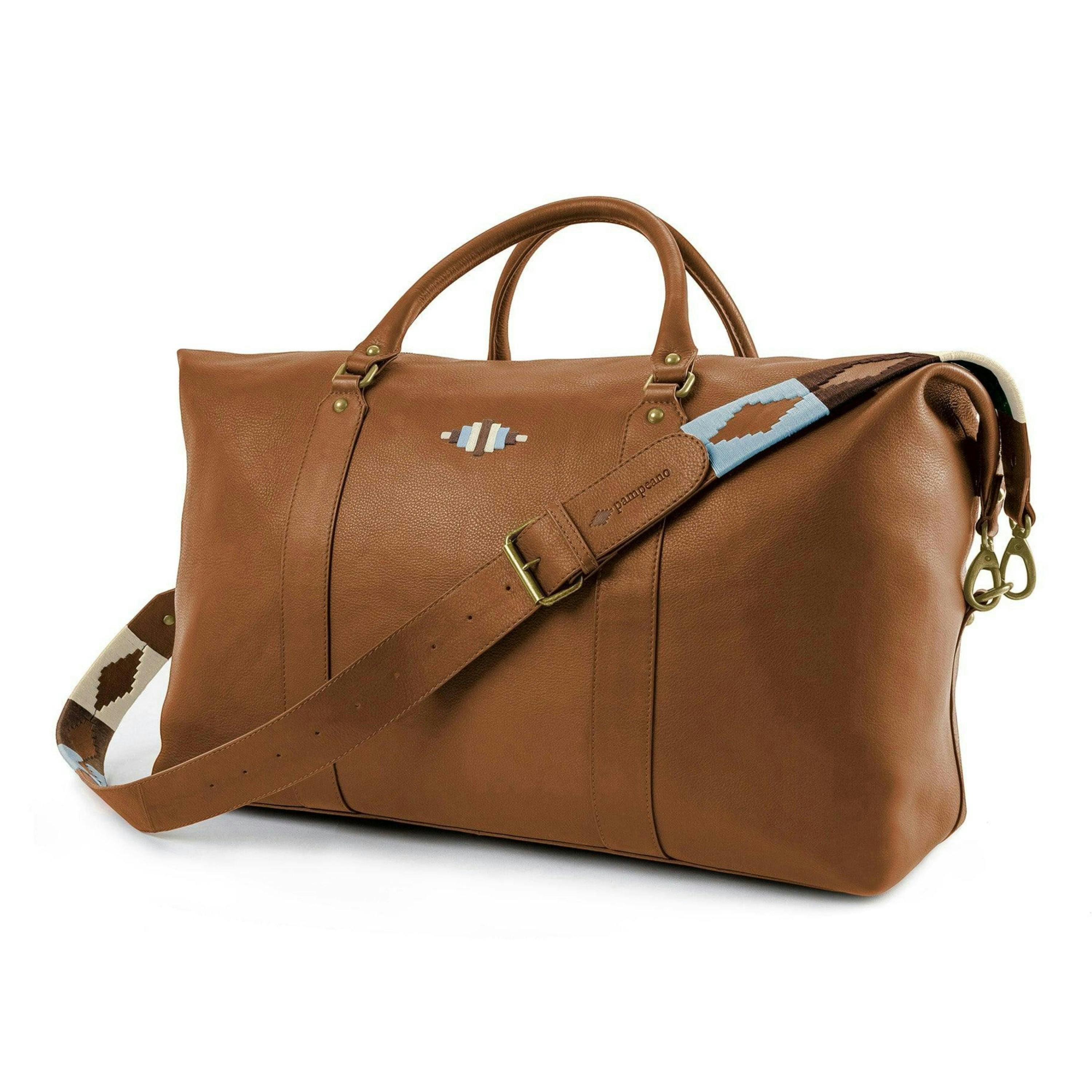 Caballero large travel bag - tan leather with light blue, light brown and cream stitching , view 1 of 5