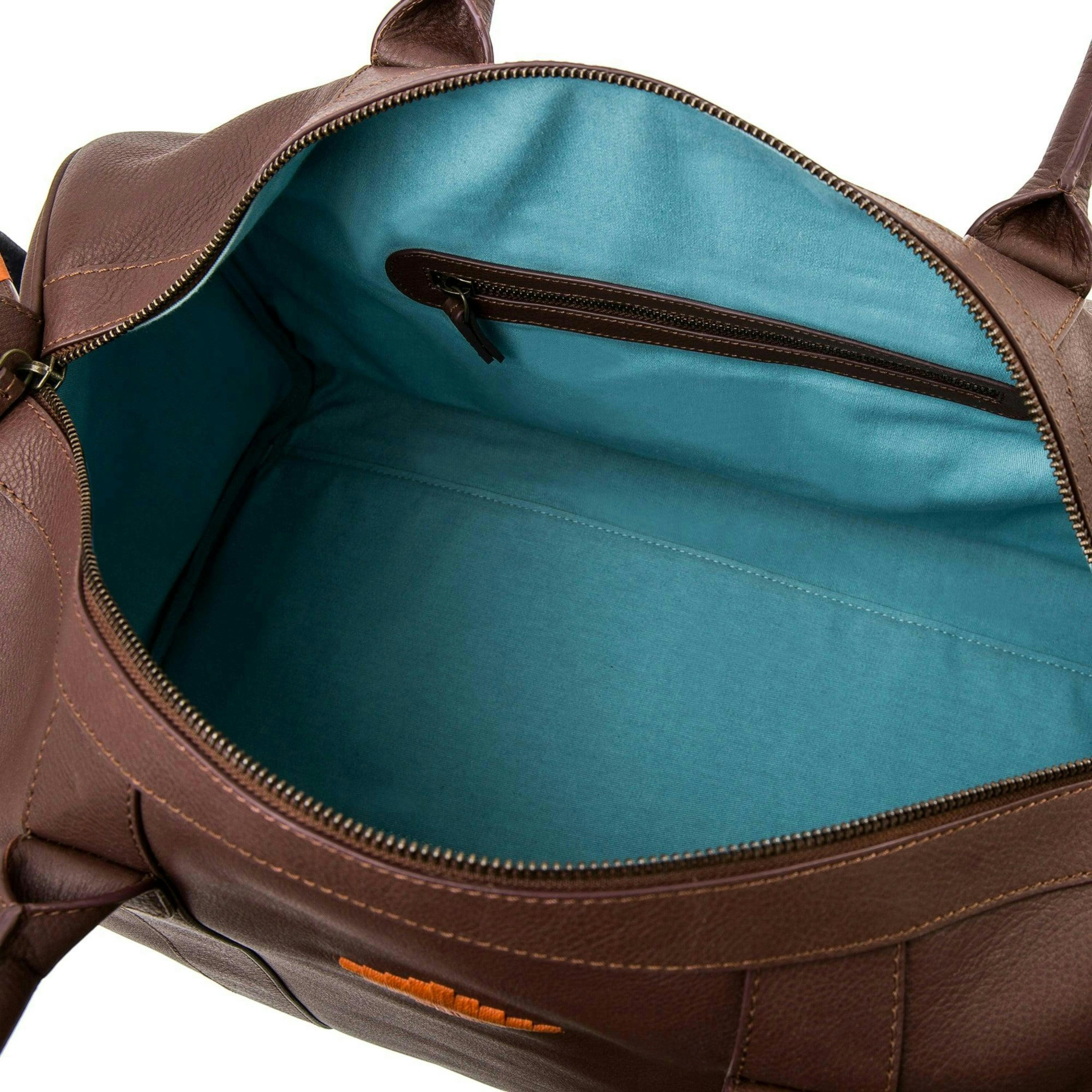 Caballero large travel bag - tan leather with light blue, light brown and cream stitching , view 3 of 5