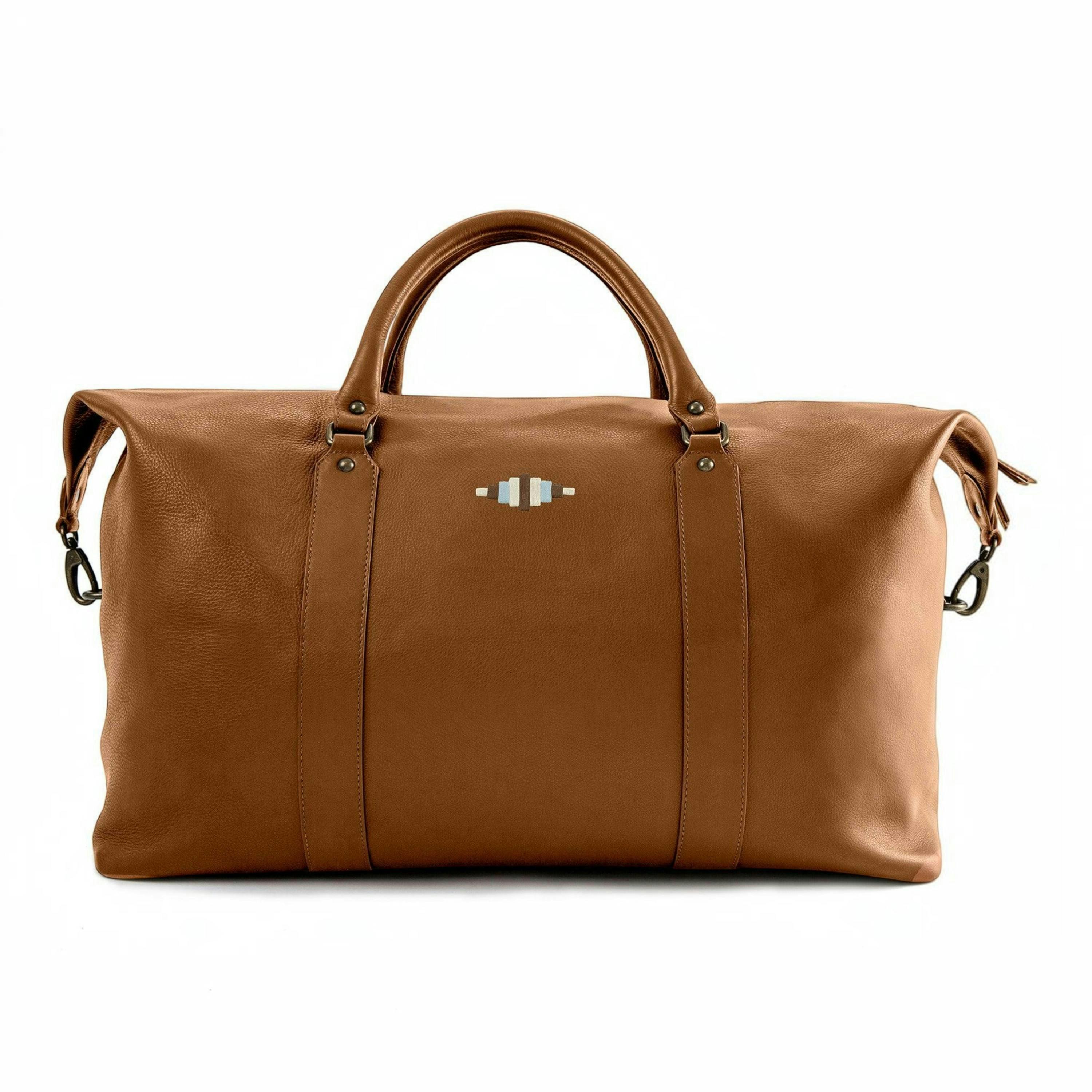 Caballero large travel bag - tan leather with light blue, light brown and cream stitching , view 5 of 5