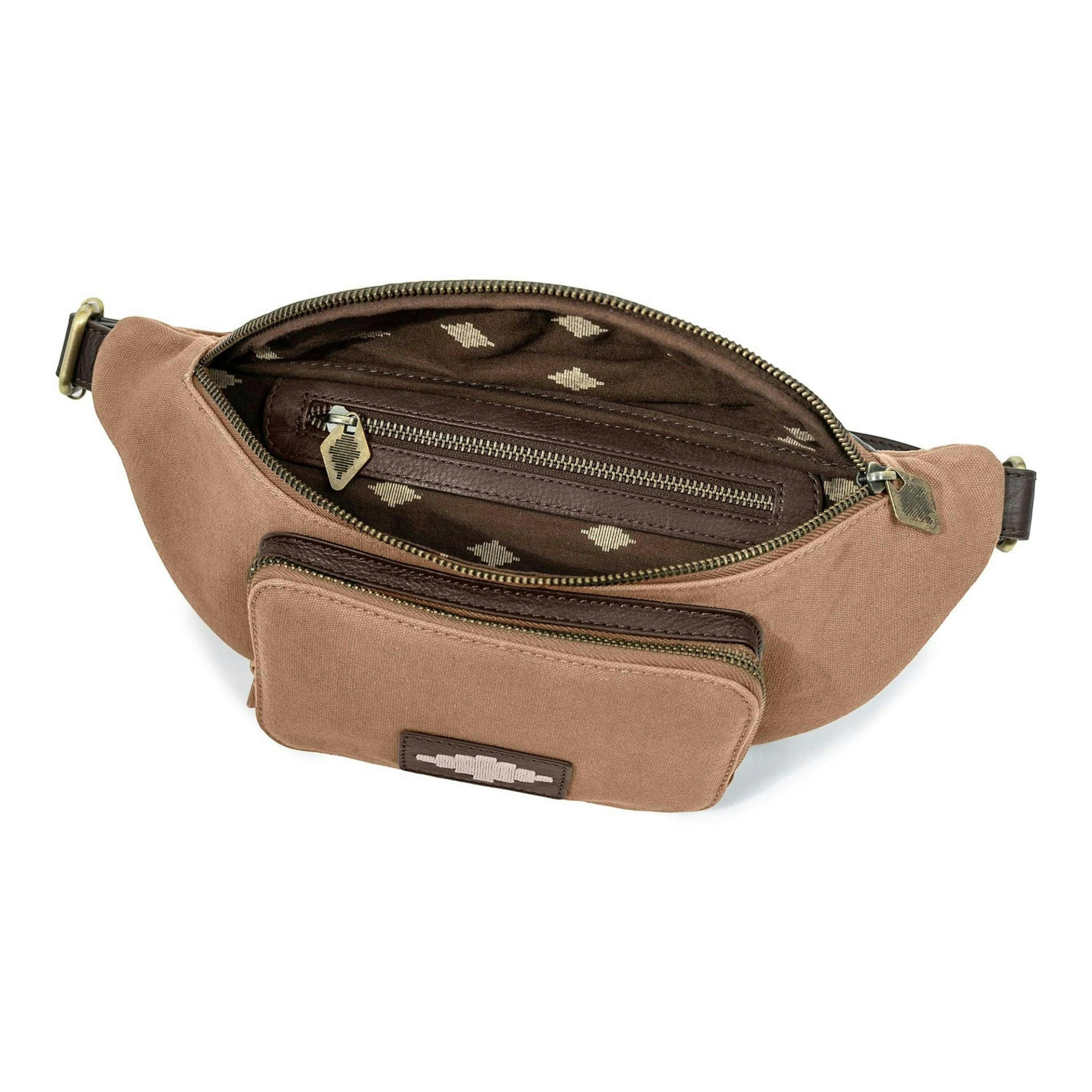 Rinonera crossbody bag - brown leather and sand canvas , view 3 of 3