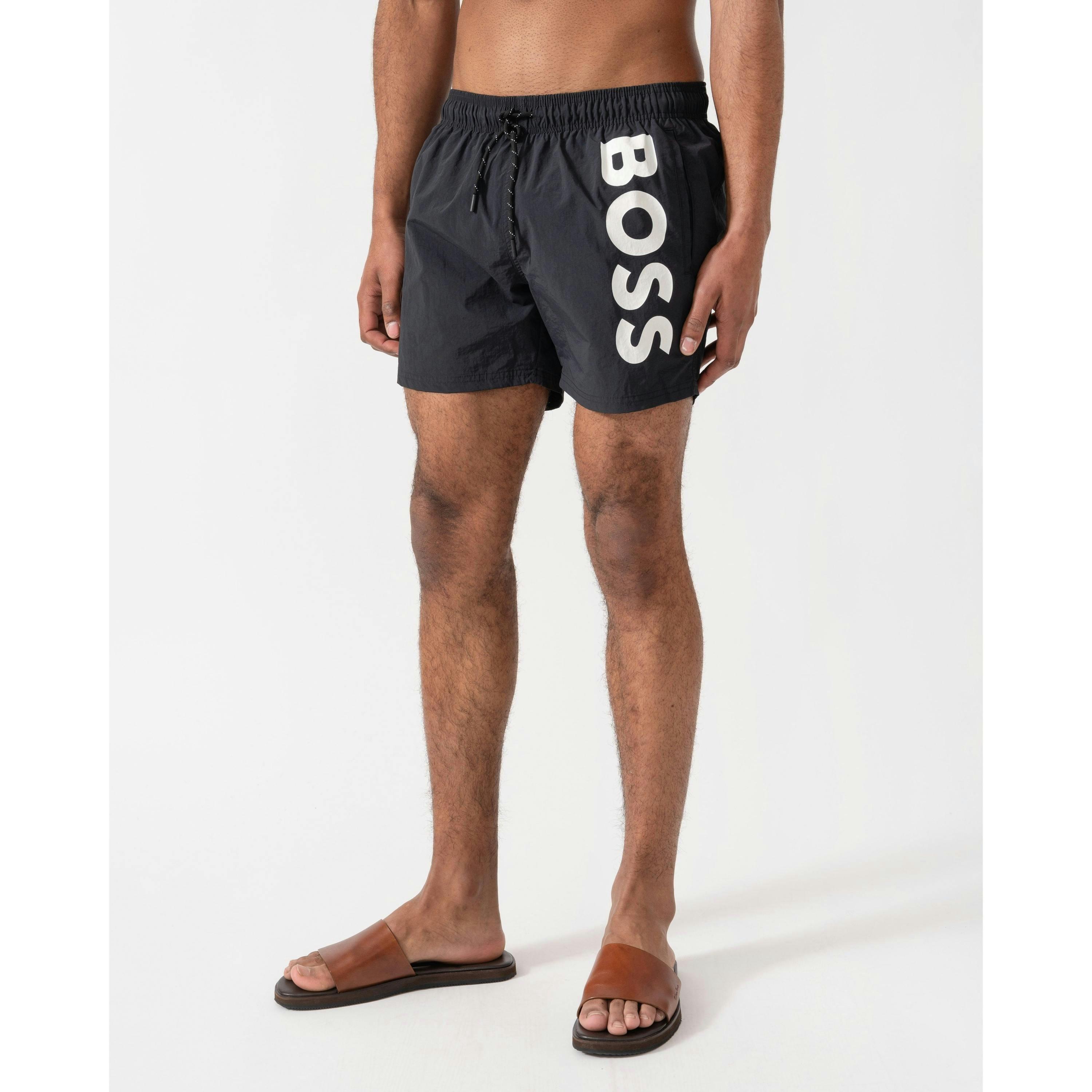 Hugo Boss Vertical Logo Print Swimming Shorts  in Black , view 1 of 5