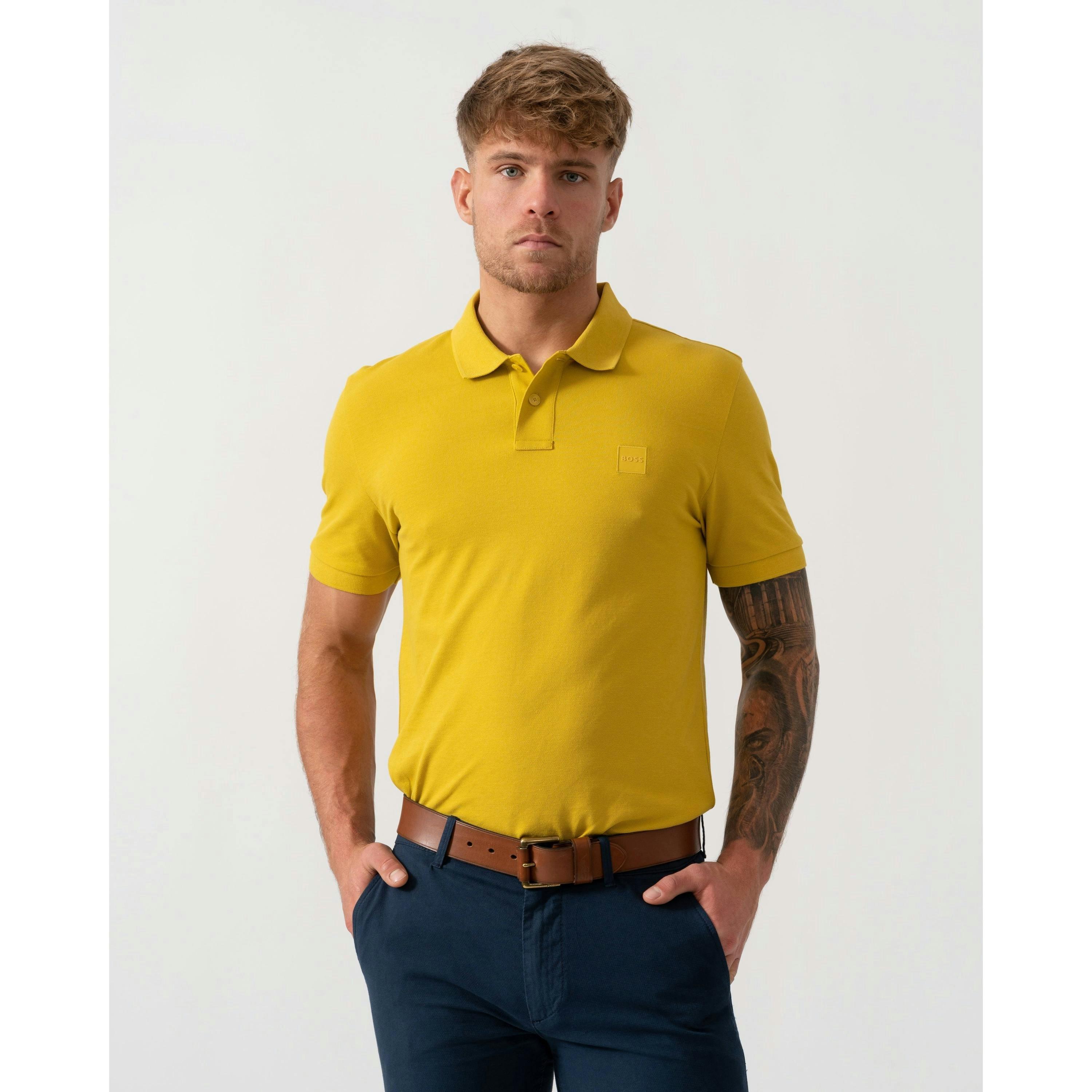 Hugo Boss Logo Patch Polo Shirt  in Gold , view 1 of 4