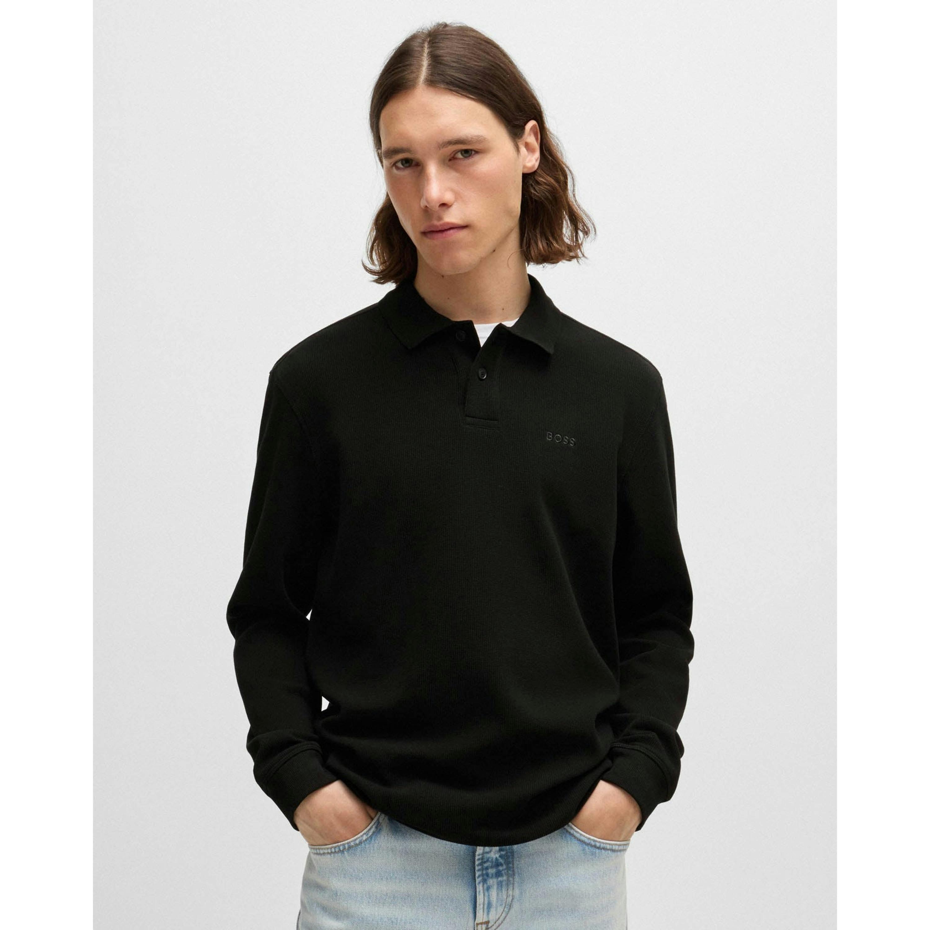Hugo Boss Waffle Structure Polo Shirt  in Black , view 1 of 4