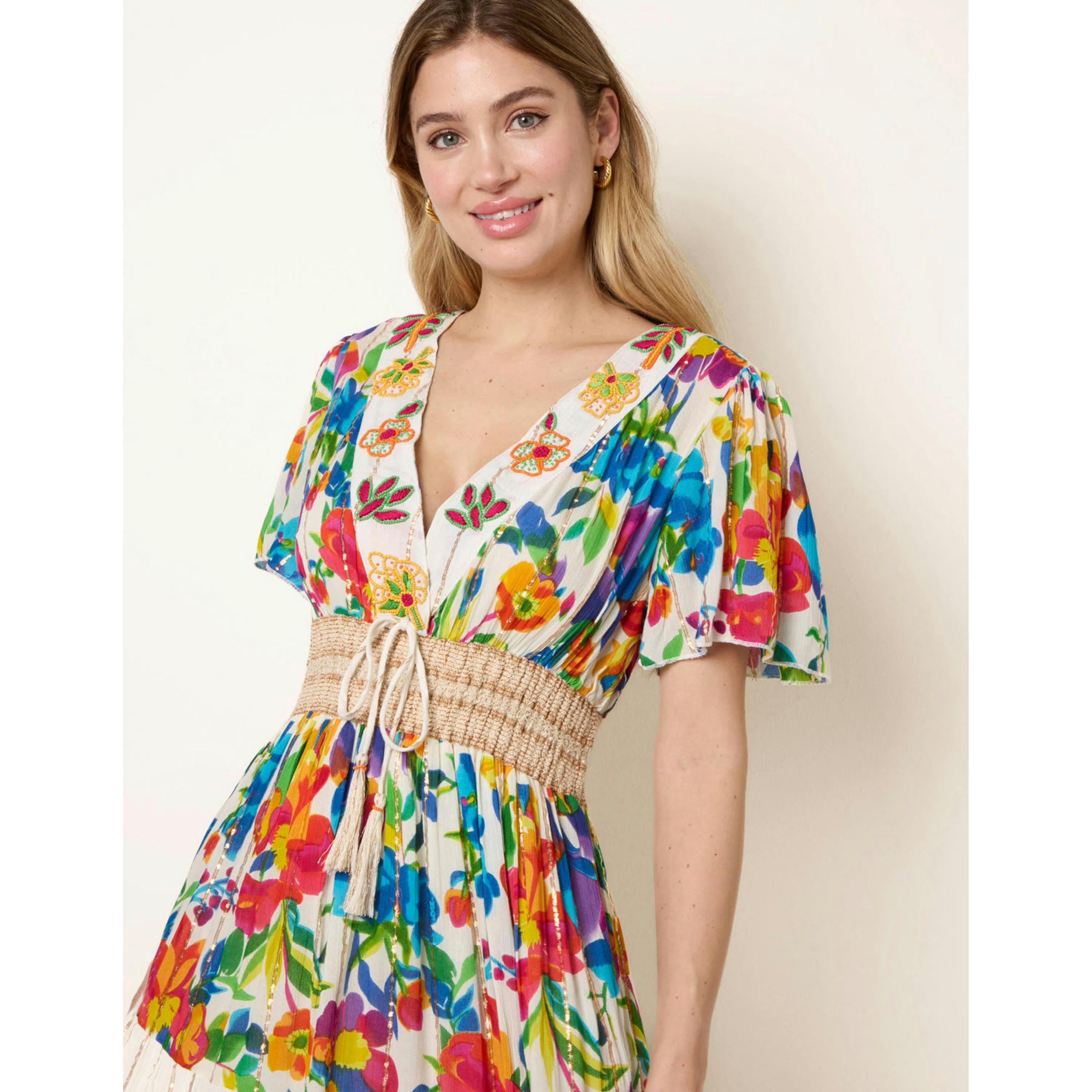 Blue Vanilla Bright Print Tiered Dress  in Multicolour , view 3 of 5