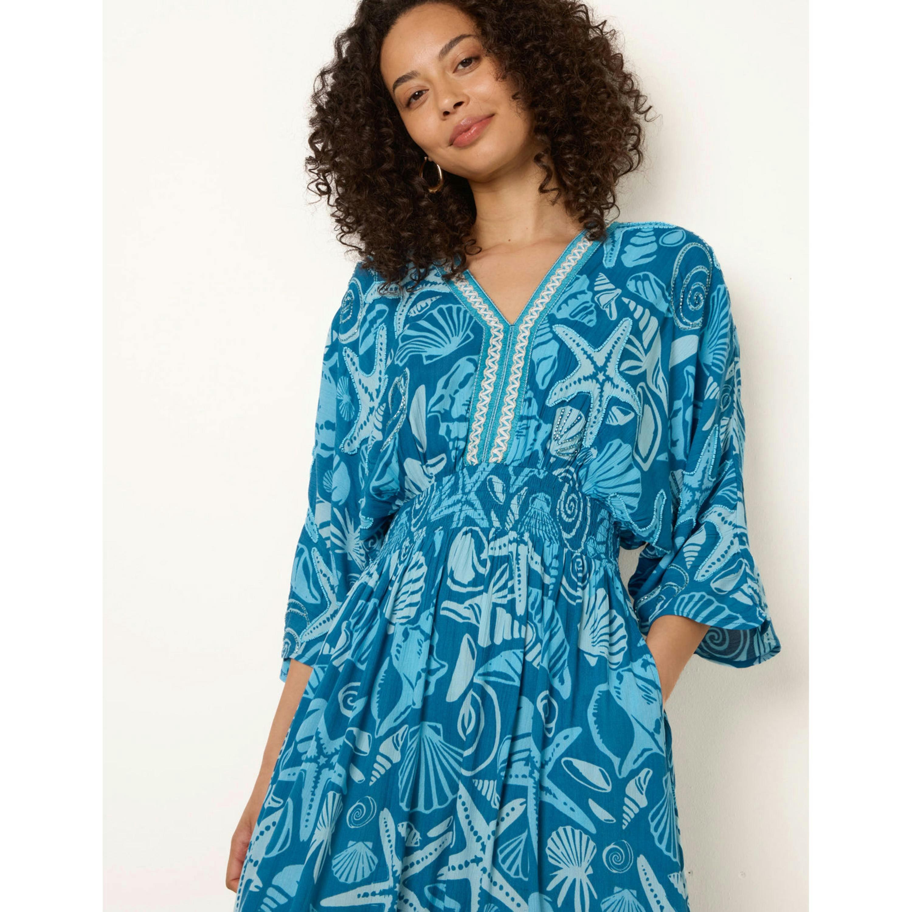 Blue Vanilla Embellished Kimono Style V Front Dress  in Blue , view 2 of 4