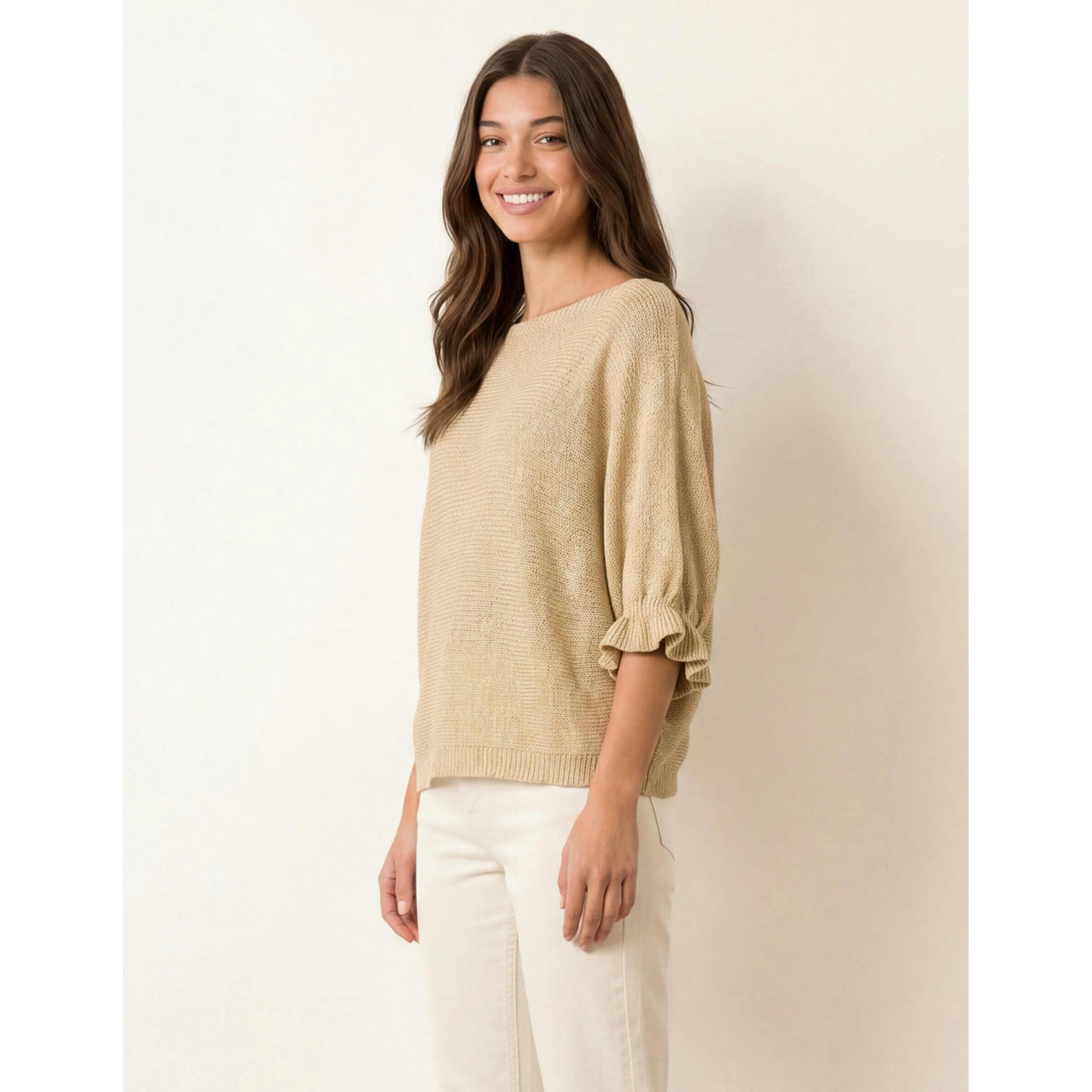 Blue Vanilla Frill Sleeve Metallic Top  in Beige , view 1 of 4