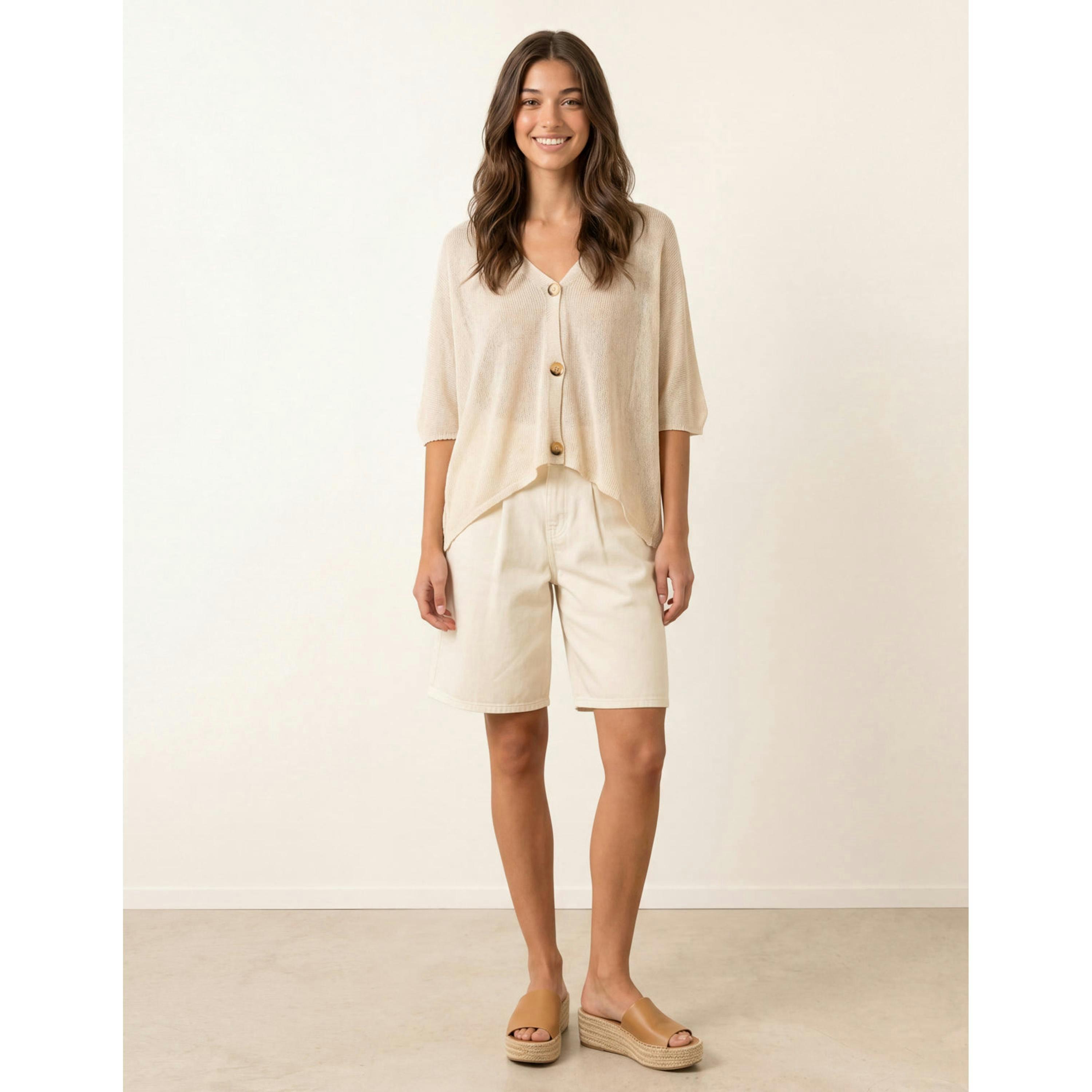 Blue Vanilla Thin Knit Button Front Boxy Cardigan  in Beige , view 1 of 4