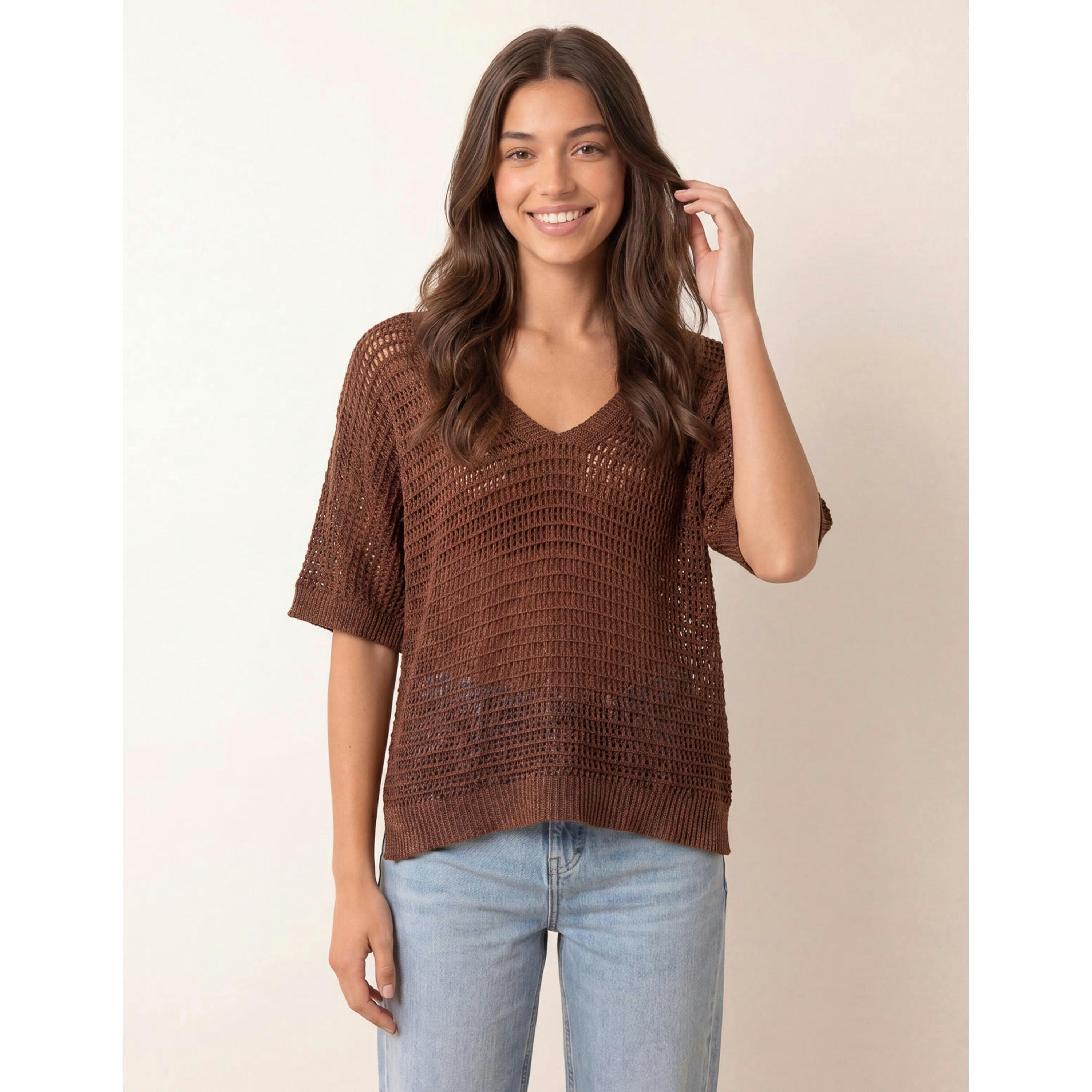 Blue Vanilla Metallic Crochet V Neck Top  in Brown , view 1 of 4