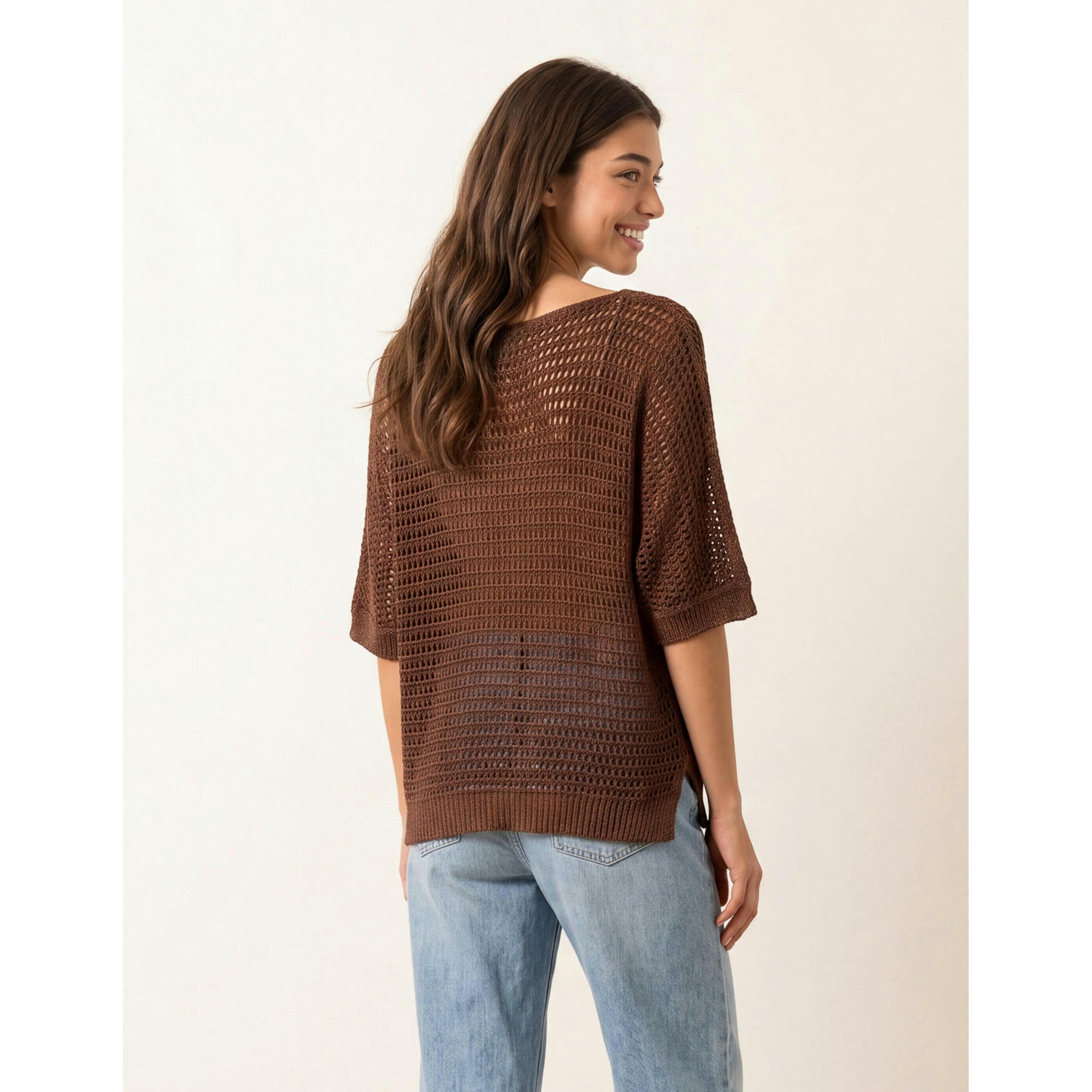 Blue Vanilla Metallic Crochet V Neck Top  in Brown , view 2 of 4