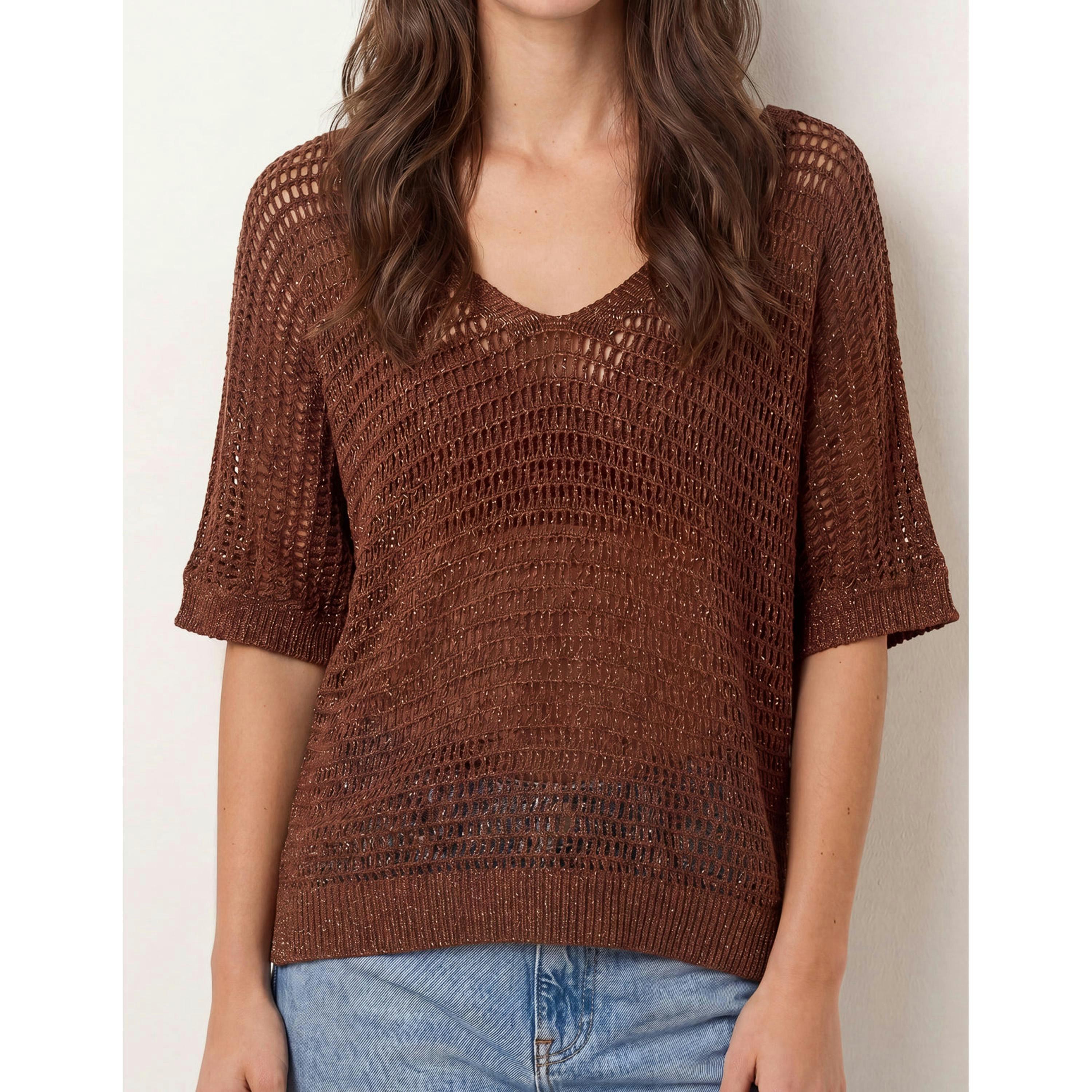 Blue Vanilla Metallic Crochet V Neck Top  in Brown , view 3 of 4