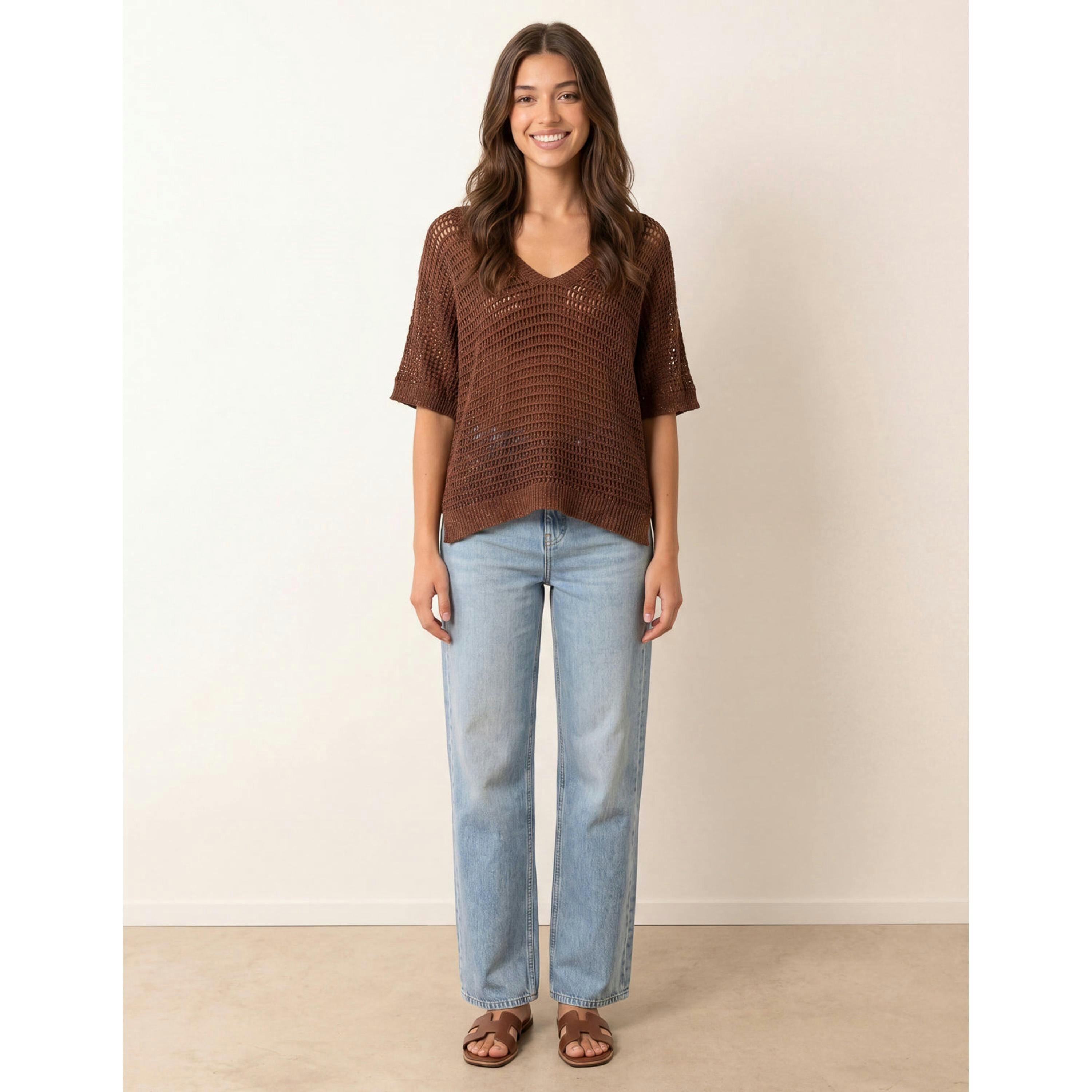 Blue Vanilla Metallic Crochet V Neck Top  in Brown , view 4 of 4