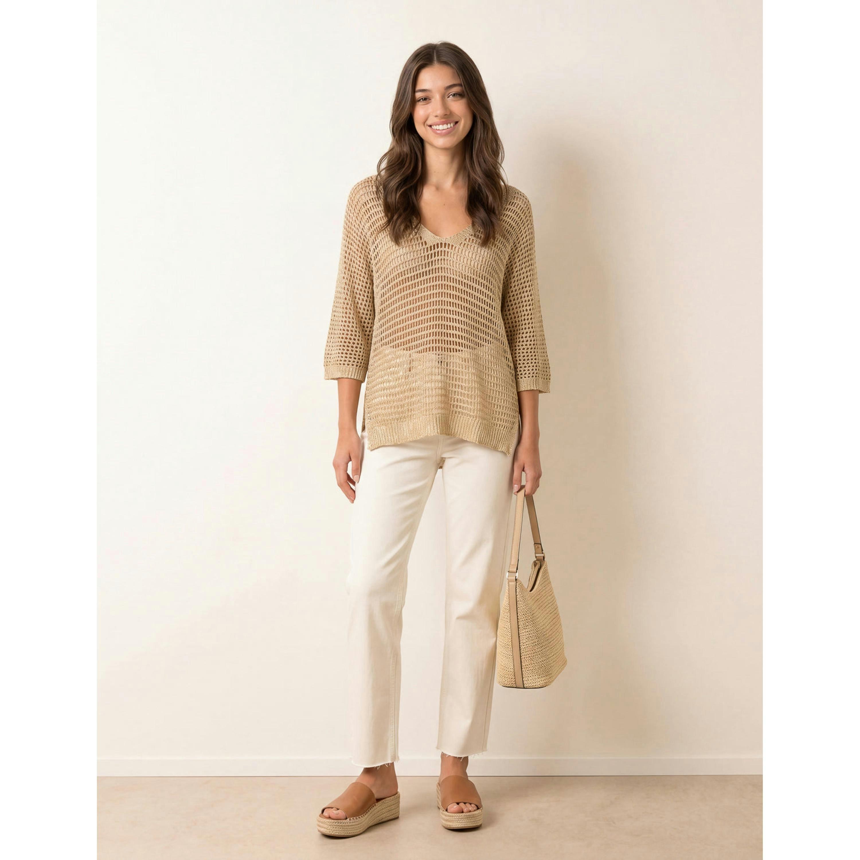 Blue Vanilla Metallic Crochet V Neck Top  in Gold , view 1 of 4